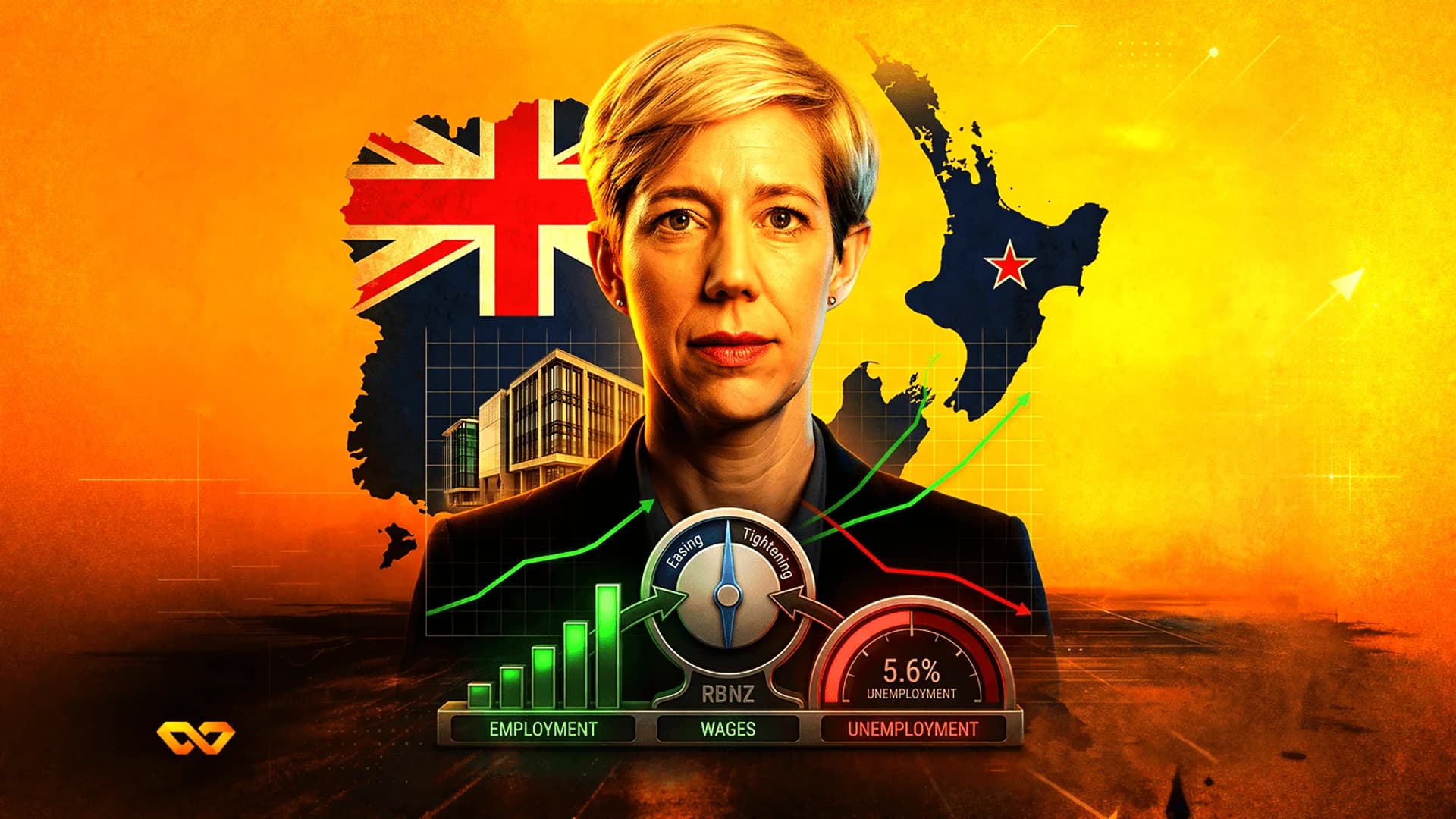 Portrait of a woman over a New Zealand map and flag, with economic gauges for employment, wages, and unemployment.