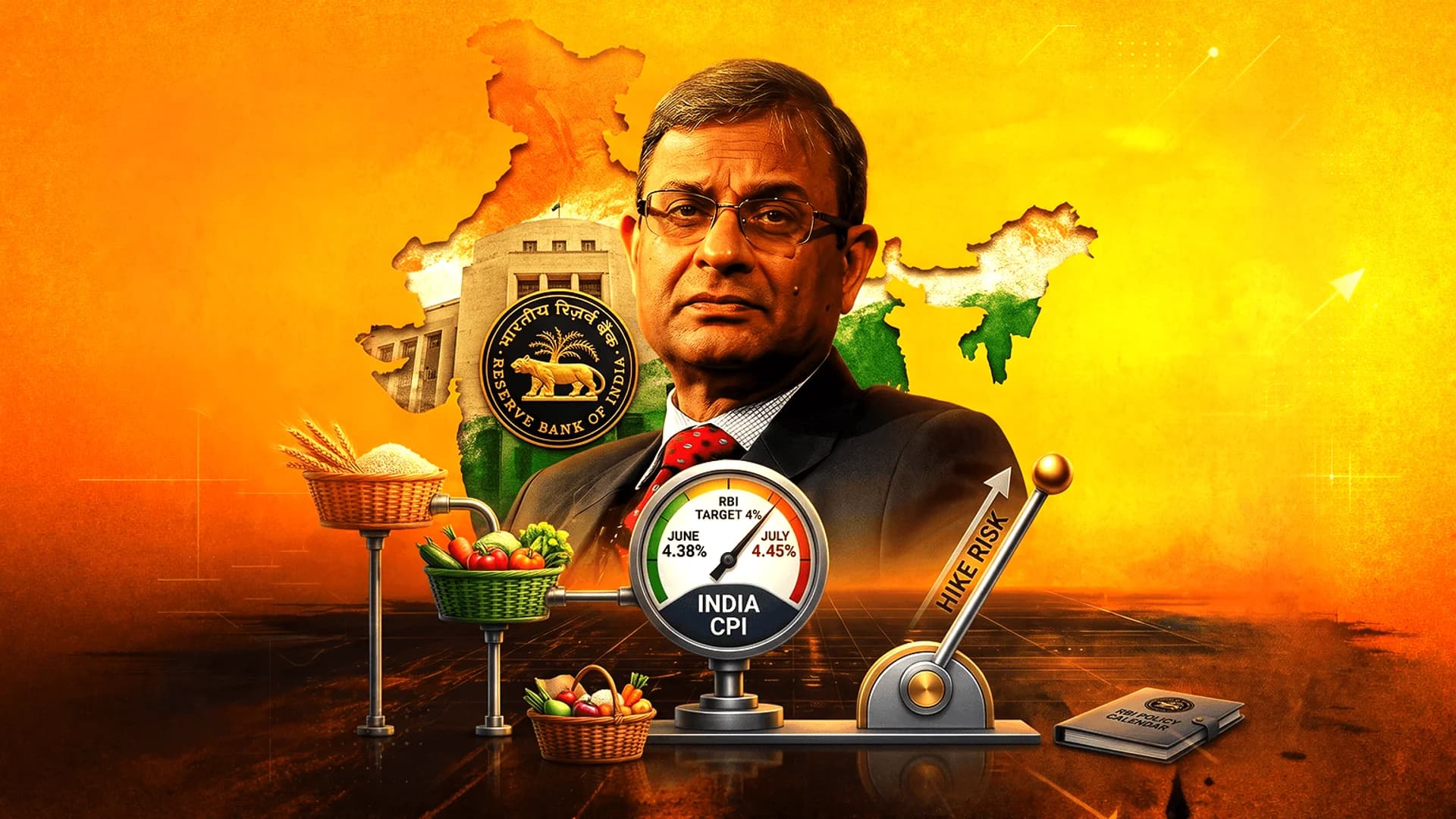 Portrait of a man over a map of India with the RBI logo, an inflation gauge, and a lever labeled hike risk.