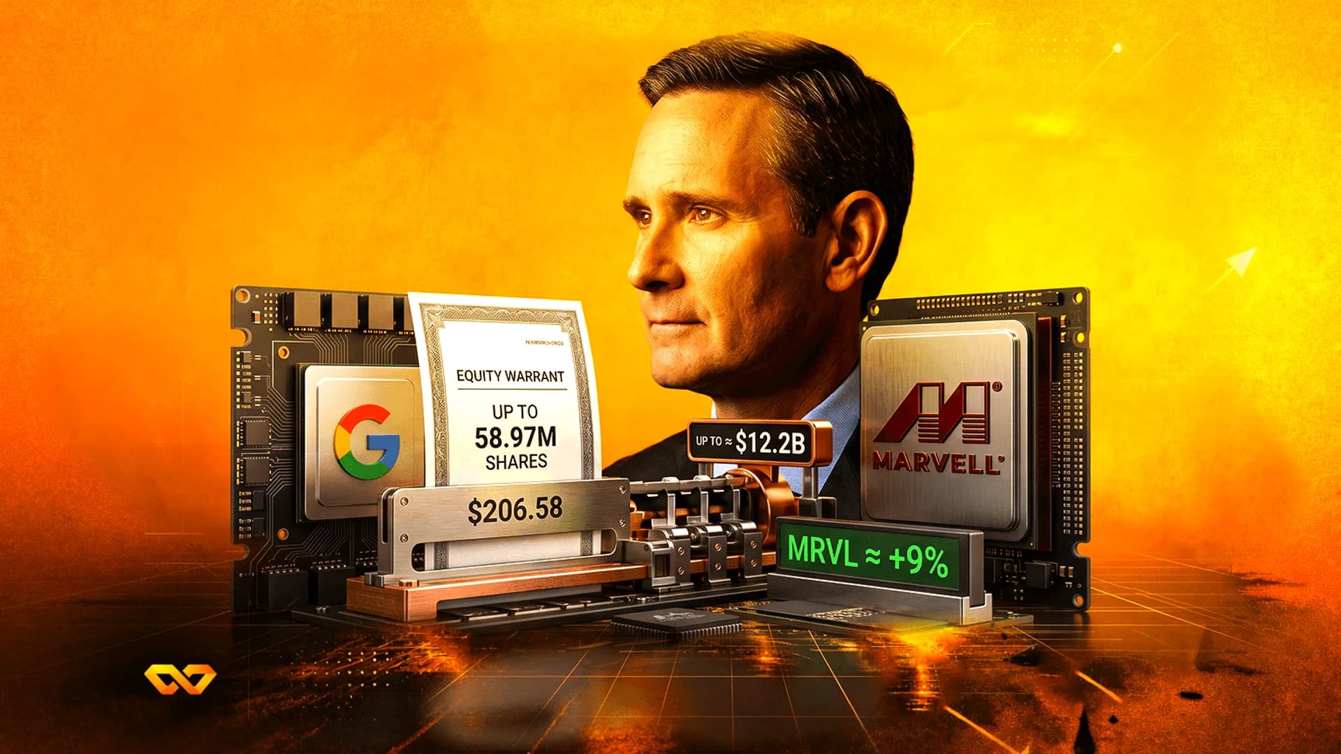 Portrait of a man with Google and Marvell logos on computer chips, an equity warrant, and stock price data.
