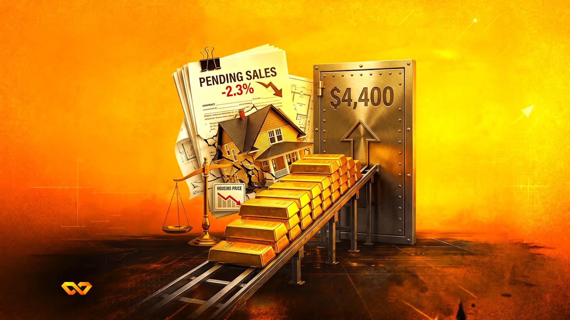 Gold bars on a conveyor belt entering a vault next to a cracked house model and pending sales documents.