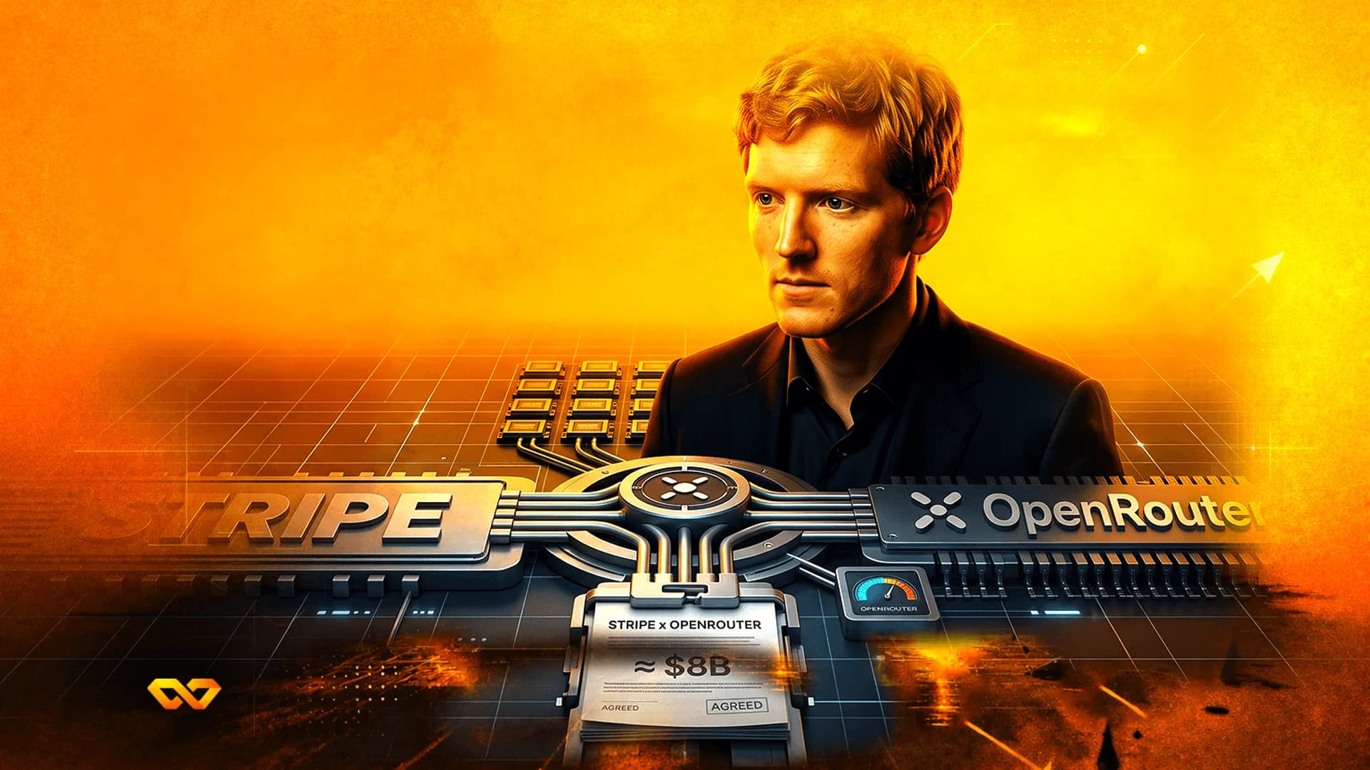 Man in a suit behind a mechanical interface connecting Stripe and OpenRouter logos on an orange background.