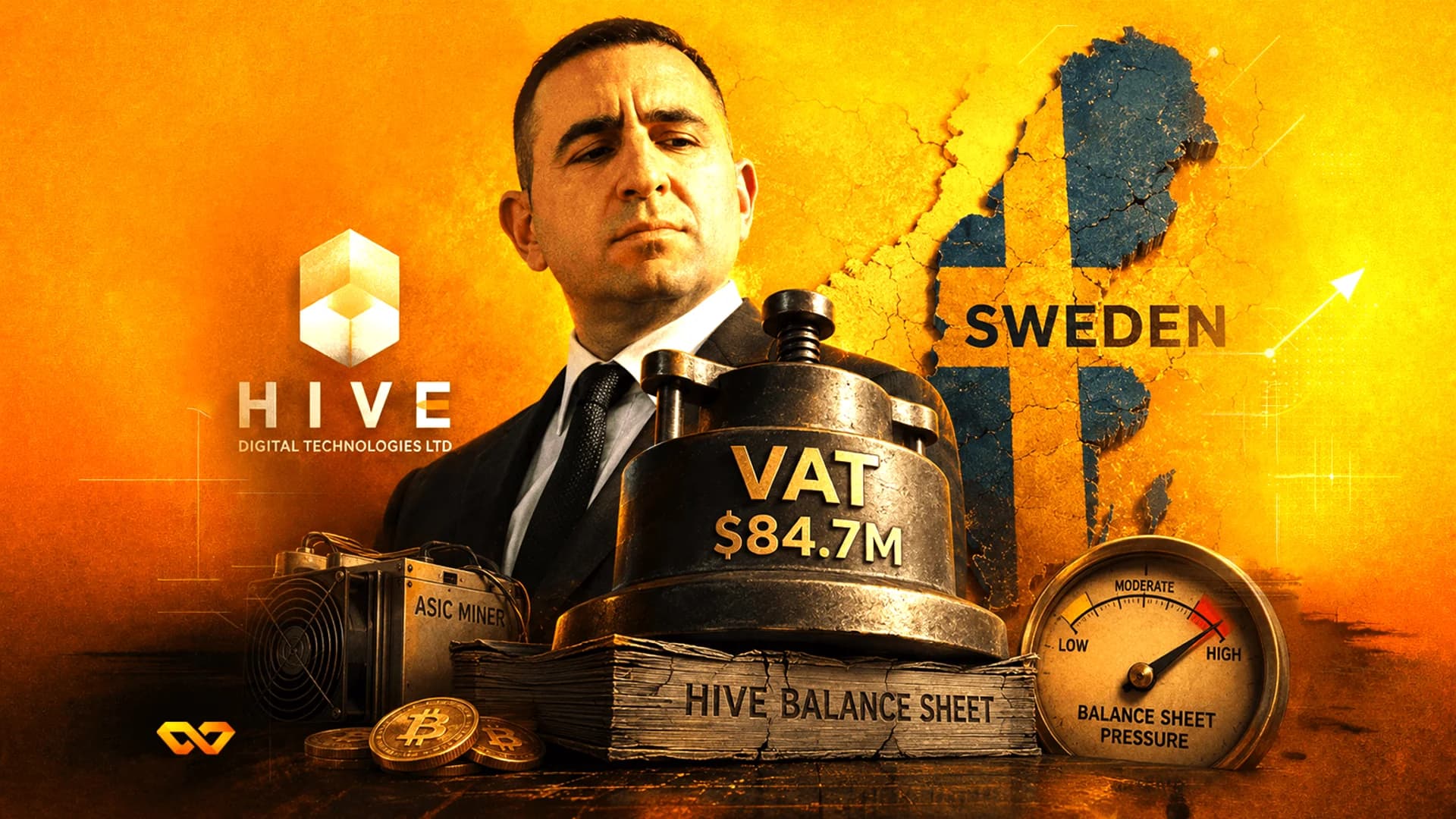 Man in a suit behind a weight labeled VAT $84.7M pressing on a balance sheet, with Bitcoin coins and a map of Sweden.