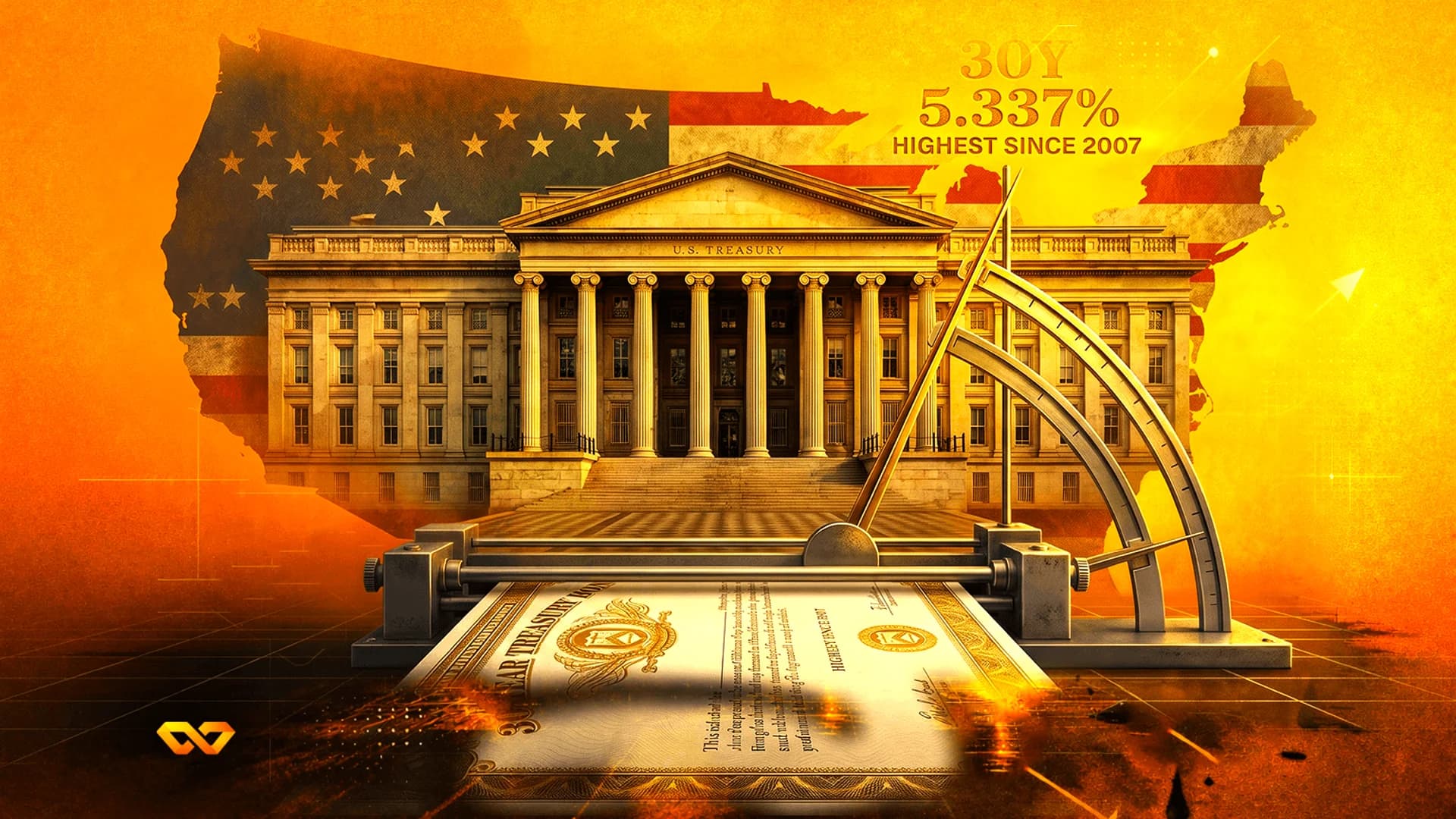 U.S. Treasury building illustration with a 30-year bond printing press and a map of the USA in flag colors.