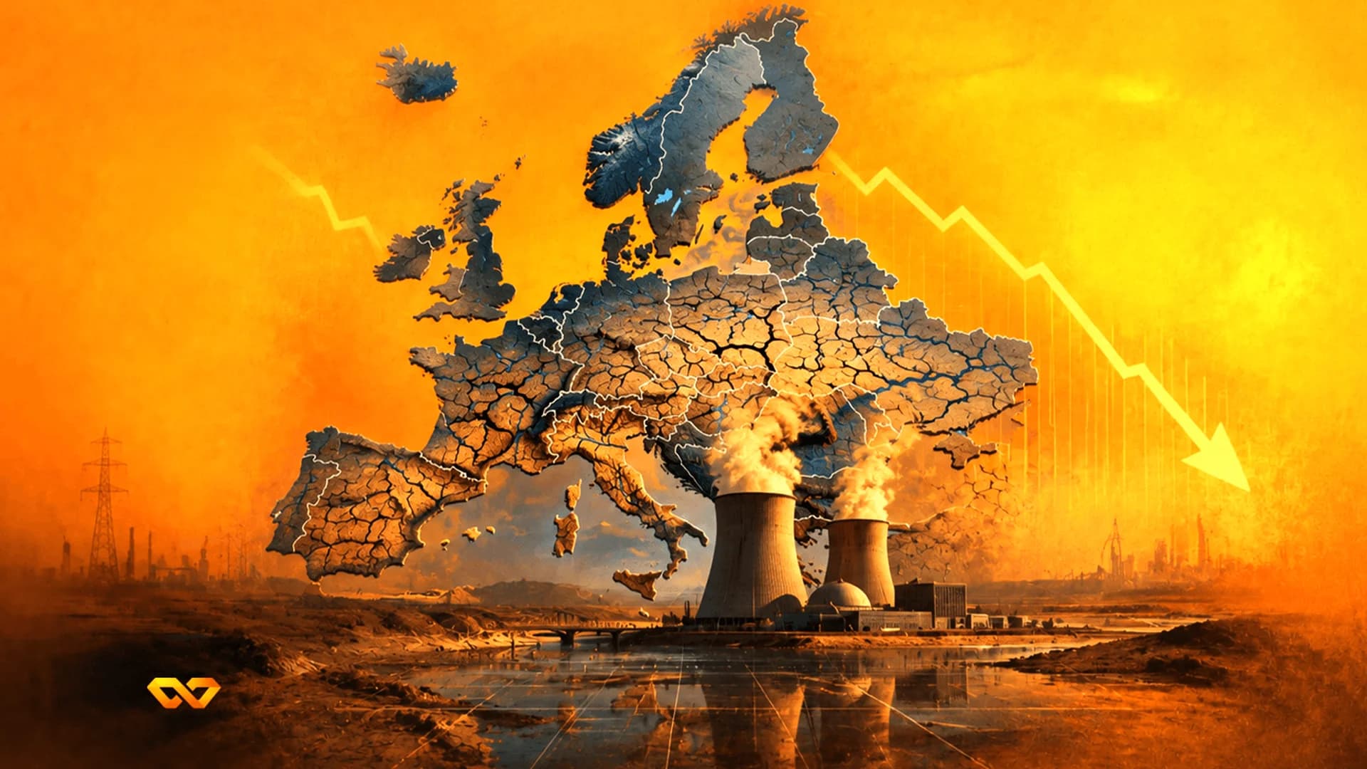 A cracked map of Europe above a nuclear power plant with a yellow downward arrow on a fiery orange background.