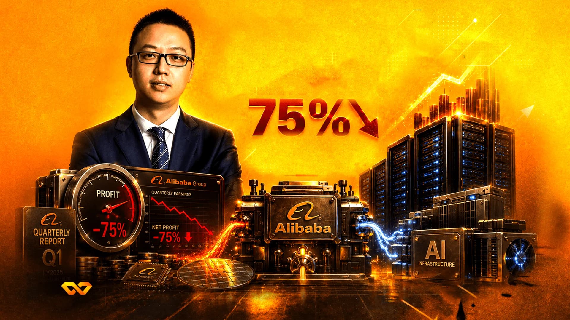 رجل يرتدي بدلة بجانب شعارات علي بابا، ومؤشر انخفاض الأرباح بنسبة 75%، وخوادم البنية التحتية للذكاء الاصطناعي.