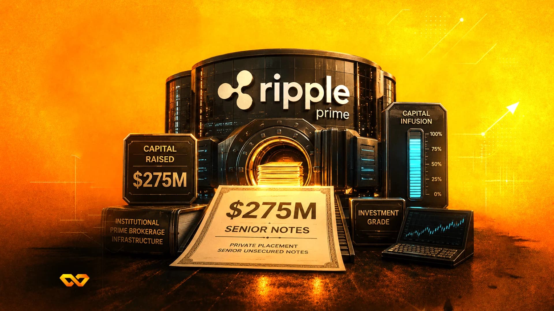 3D illustration of a Ripple Prime vault with $275M capital raised signs and a senior notes certificate.
