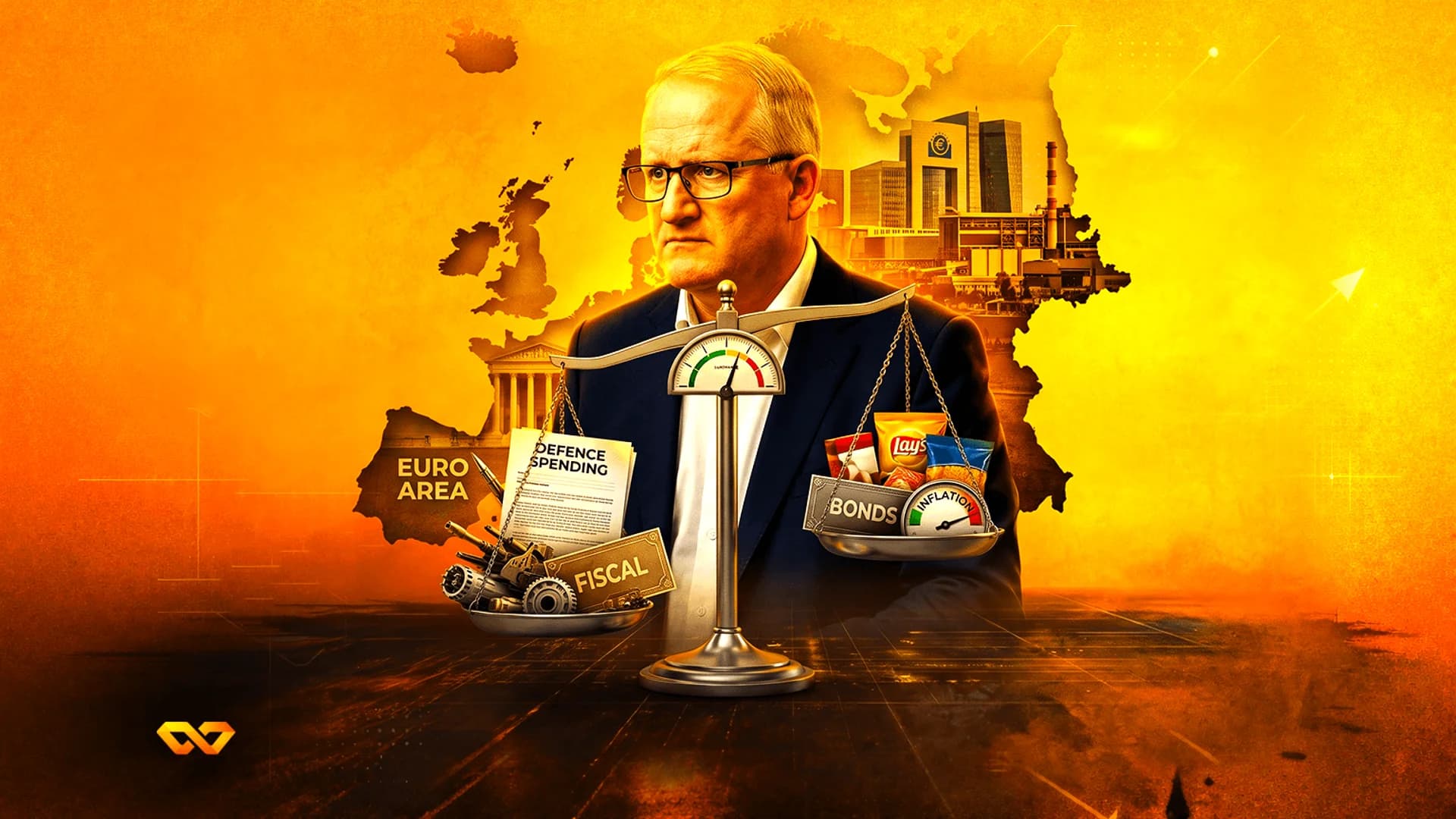 Man in a suit behind a scale balancing defense spending and fiscal items against bonds, inflation, and food.