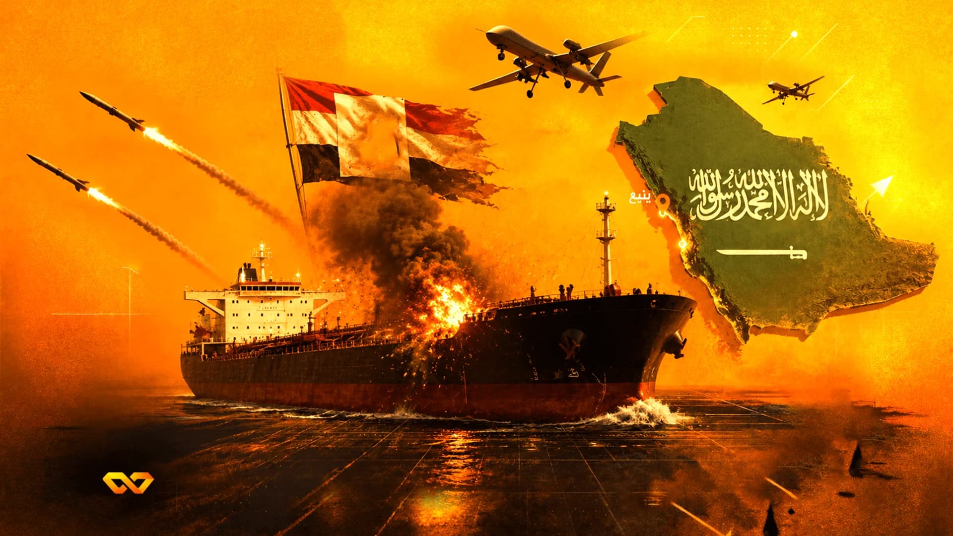 Burning oil tanker at sea with missiles, drones, and the flags of Yemen and Saudi Arabia on an orange background.