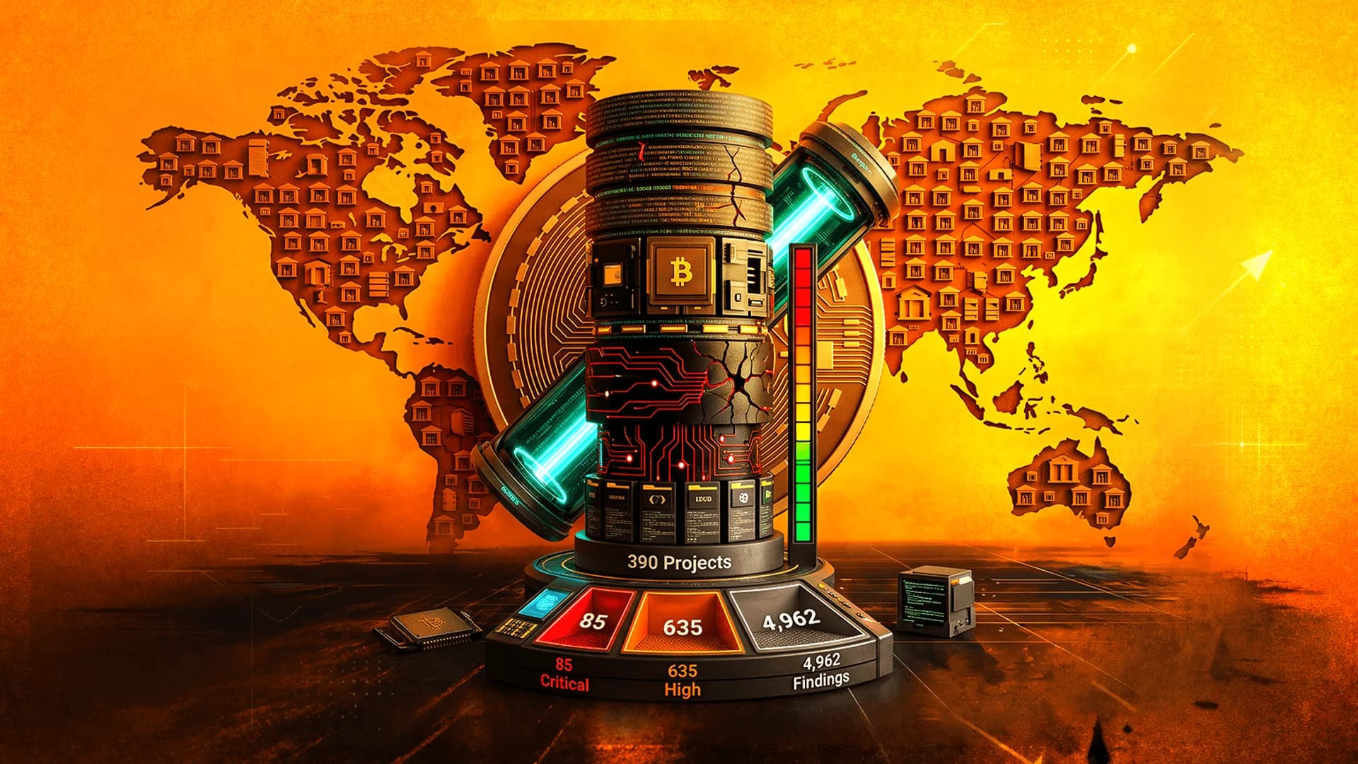 Futuristic pillar with Bitcoin logo and security audit stats against an orange world map made of bank icons.