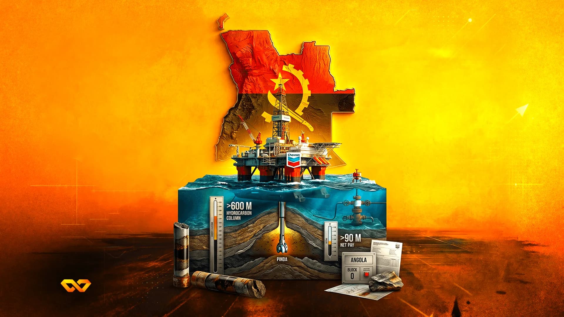 Illustration of an offshore oil rig over a seabed cross-section with the flag of Angola and Chevron logo.