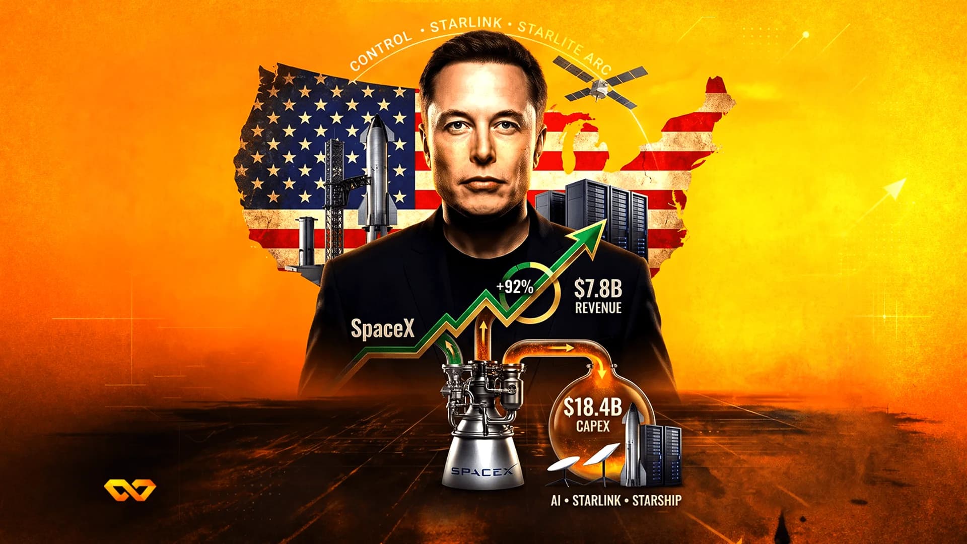 Digital illustration of Elon Musk featuring SpaceX logos, financial data, a rocket engine, and a US flag map.