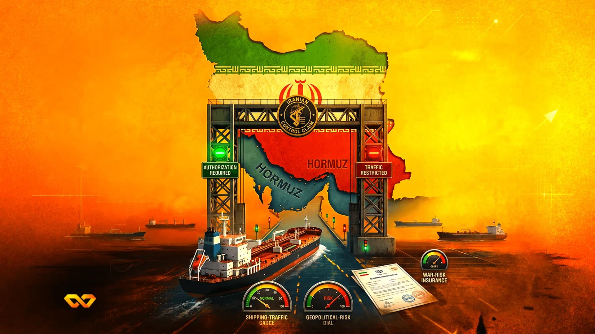 Oil tanker passing through a gate in the Strait of Hormuz with a map of Iran and risk gauges in the background.