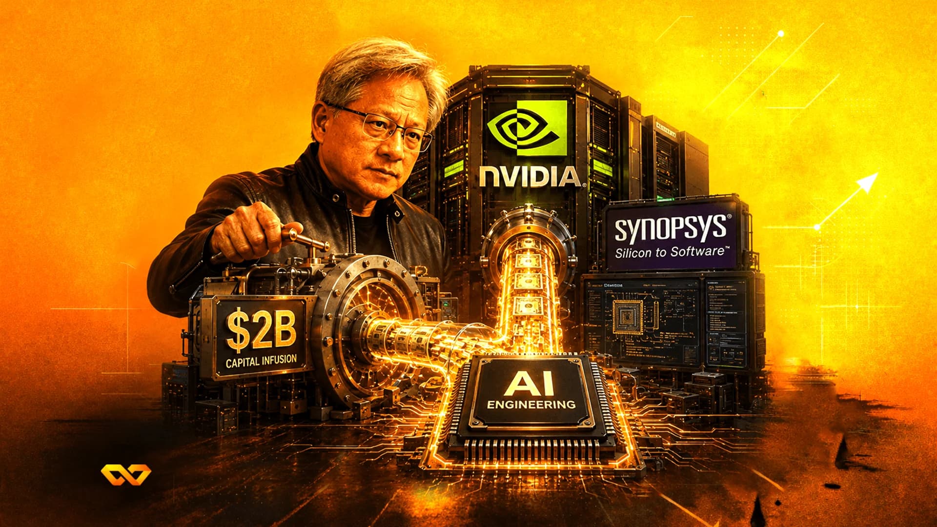 Jensen Huang with NVIDIA and Synopsys logos, a $2B capital infusion sign, and an AI engineering processor.