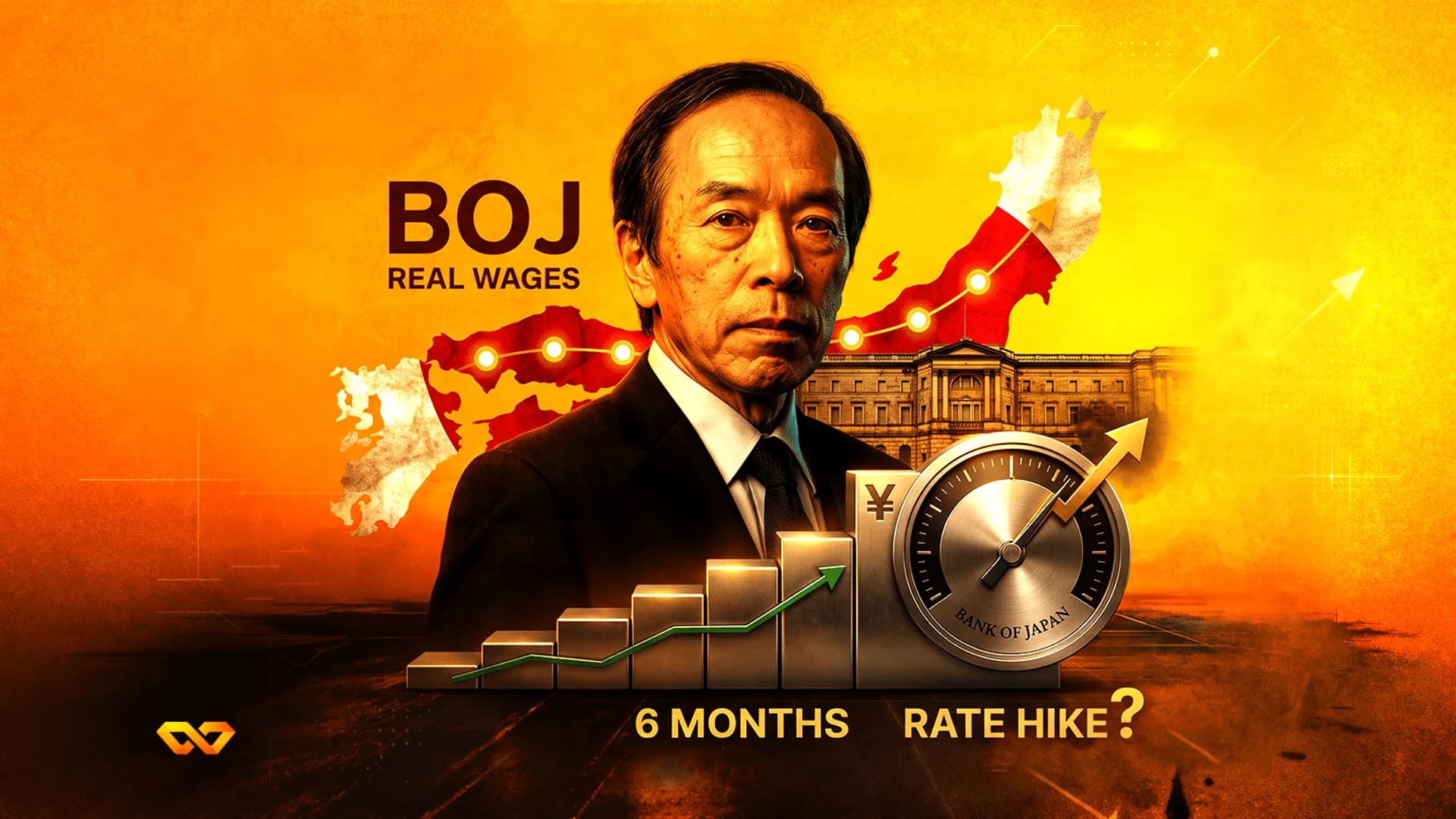 Portrait of Kazuo Ueda over a map of Japan with a bar chart, a gauge, and text about BOJ rate hikes.