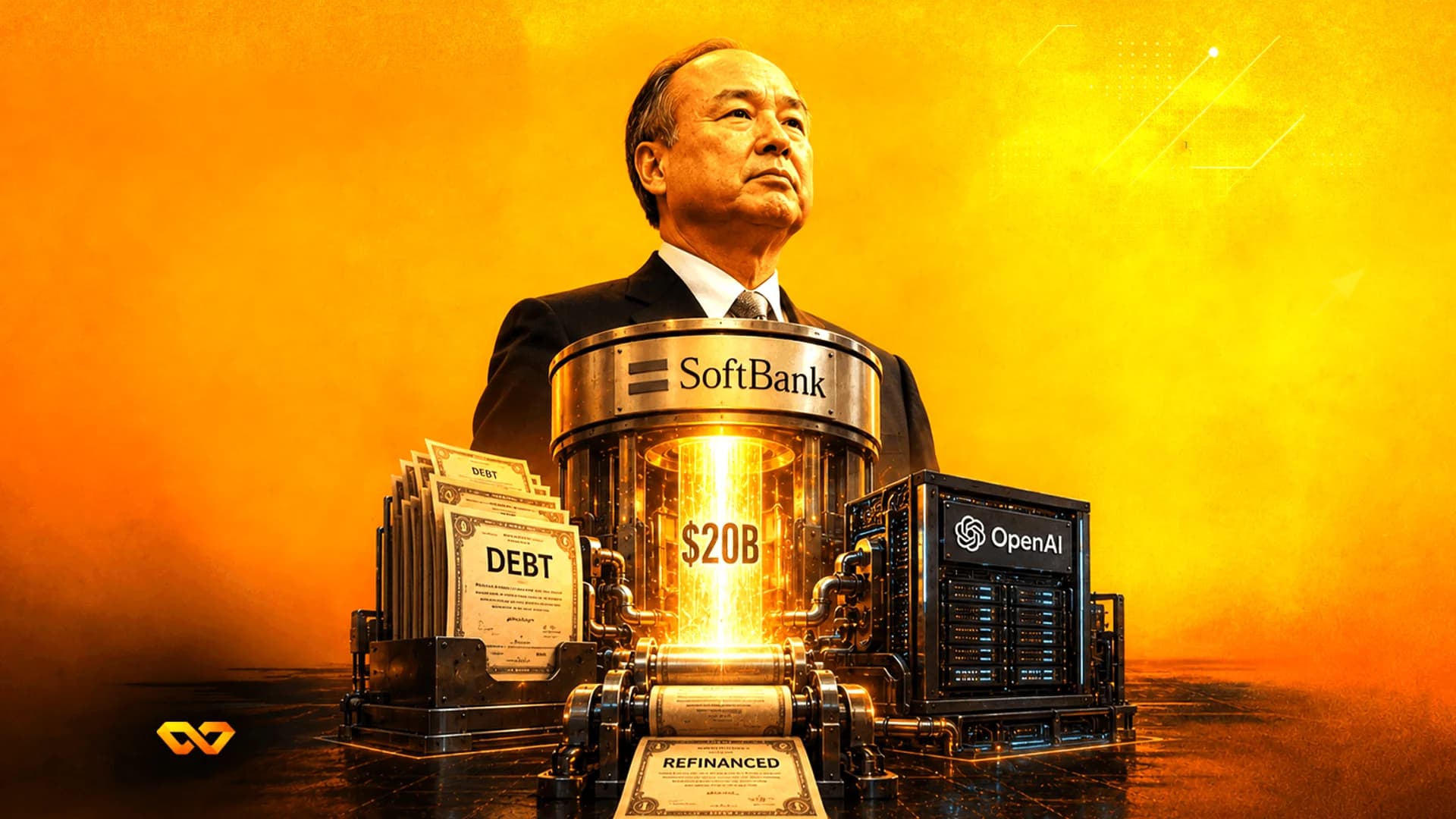 Illustration of Masayoshi Son with SoftBank and OpenAI logos, stacks of debt papers, and a glowing $20B cylinder.