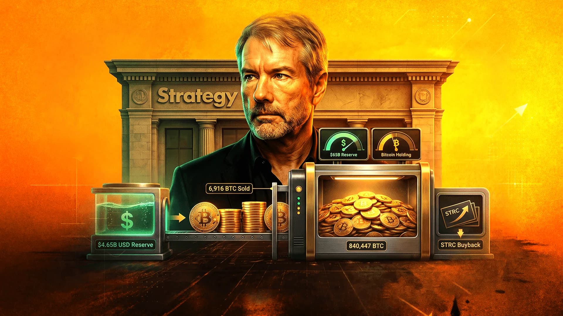 Digital illustration of Michael Saylor with Bitcoin coins, a USD reserve tank, and financial gauges.