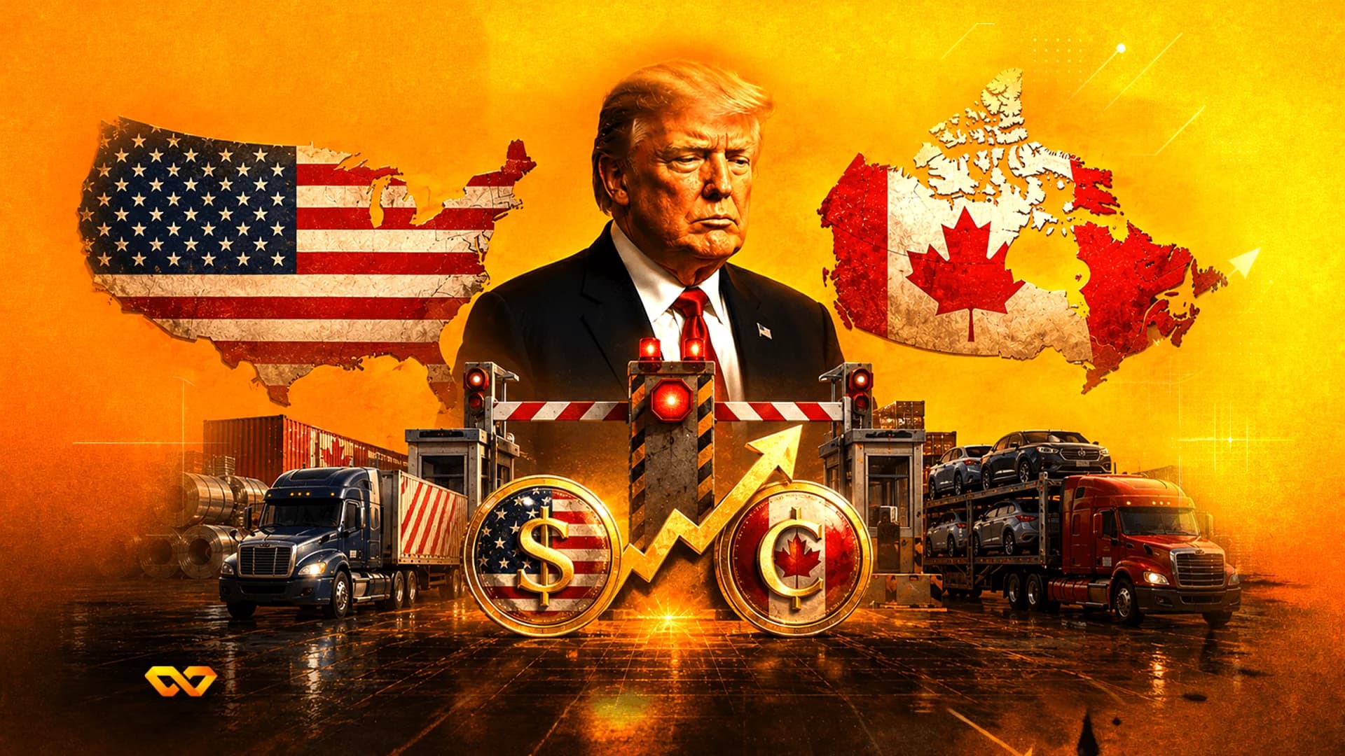 Donald Trump centered between US and Canada maps with flags, a border gate, trucks, and currency coins.