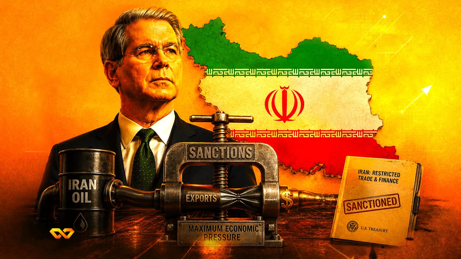 Man in a suit next to a map of Iran, an oil barrel, and a mechanical press labeled sanctions.