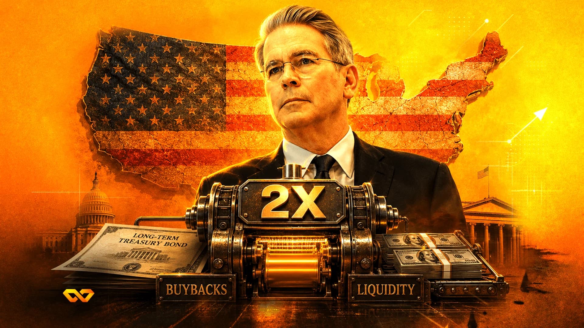 Man in a suit in front of a US flag map, a machine labeled 2X, treasury bonds, and stacks of dollar bills.