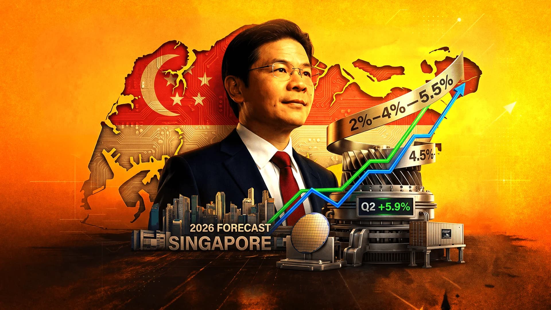 Portrait of a man in a suit over a Singapore map with a rising line chart and economic forecast text.