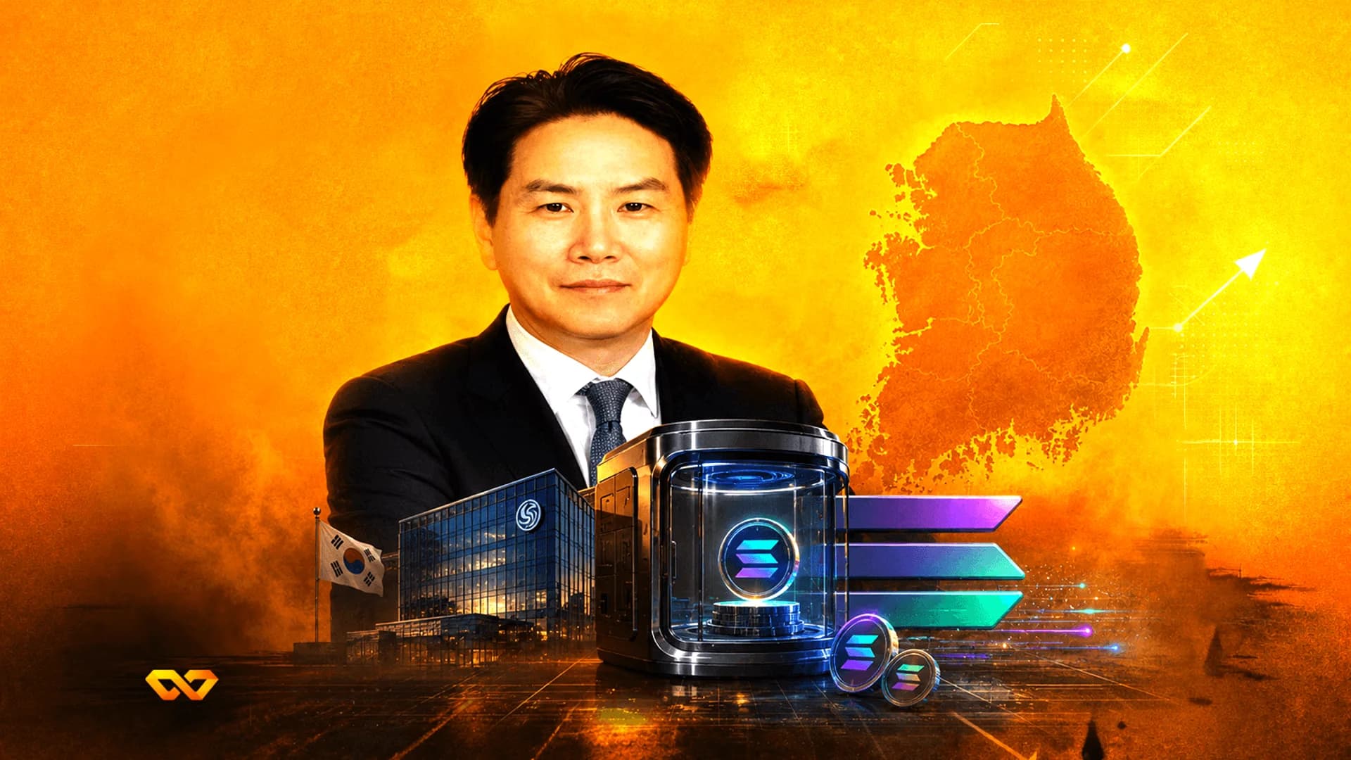 Portrait of a man in a suit over a map of South Korea, with Solana logos and a building in the foreground.