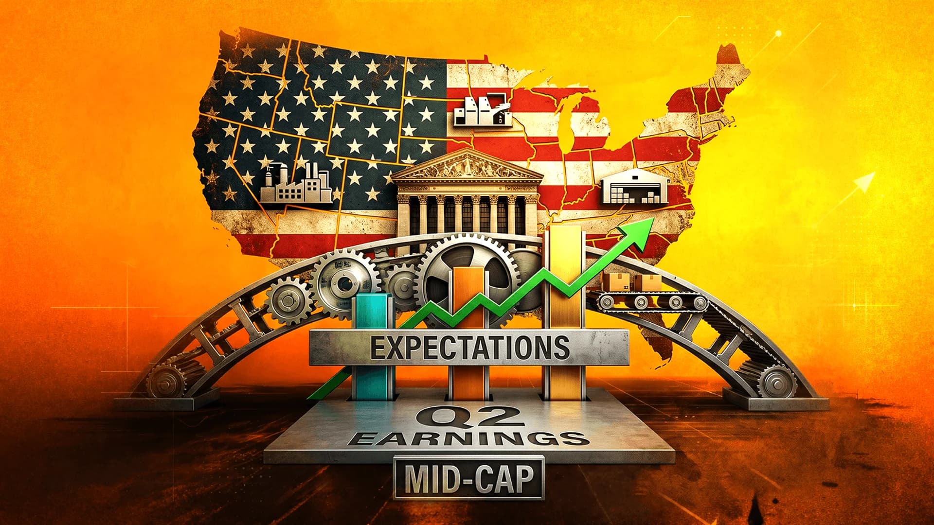 US map with flag overlay behind gears, a rising green arrow on a bar chart, and text reading Q2 Earnings Mid-Cap.