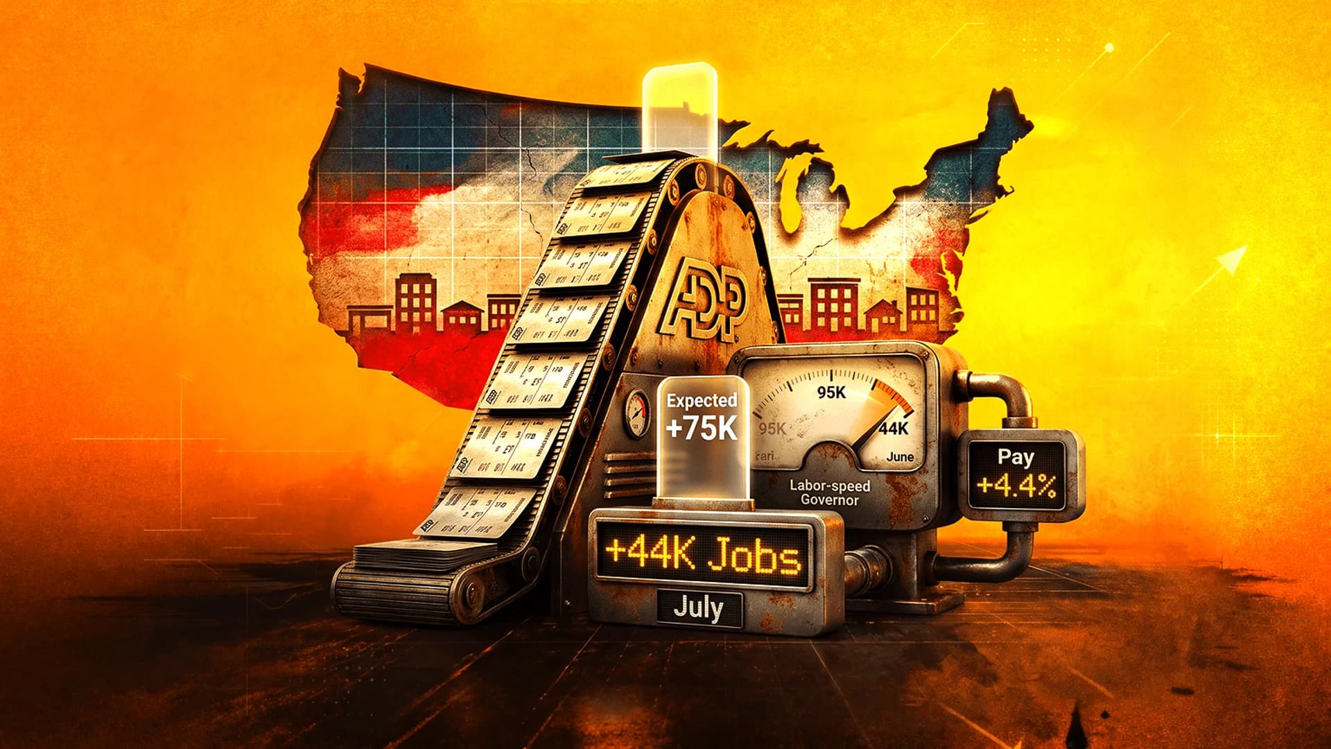 Industrial machine with ADP logo displaying job growth and pay data against a US map background.