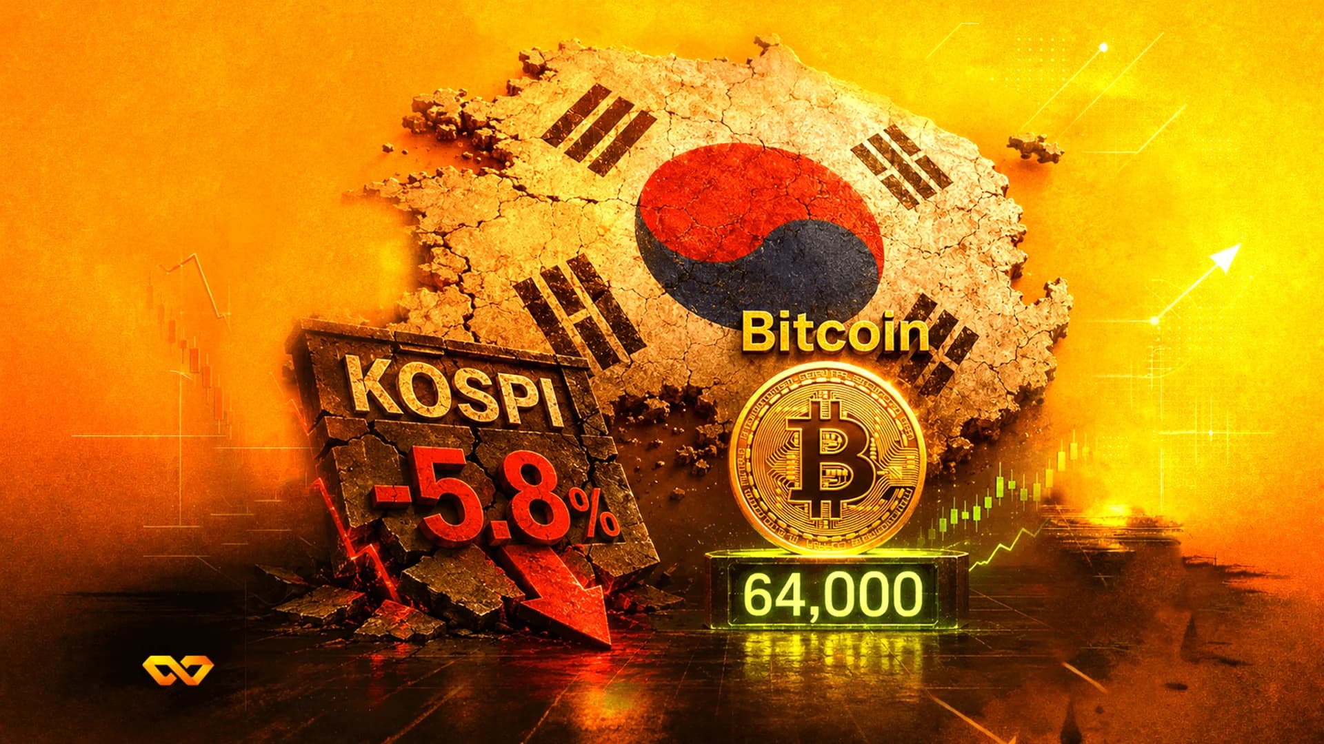 South Korean flag map, a KOSPI -5.8% stone block with a red arrow, and a gold Bitcoin coin on a 64,000 pedestal.