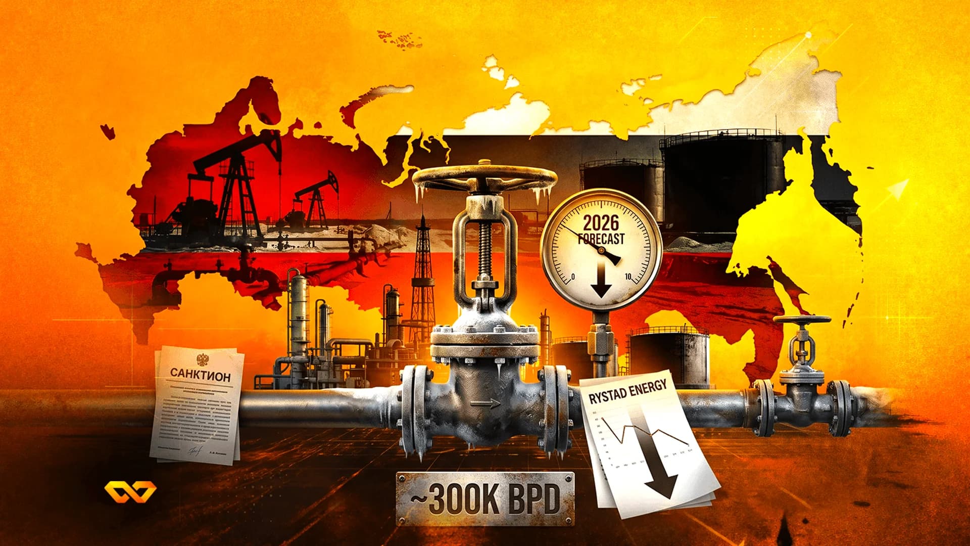 Oil pipeline valve and pressure gauge over a map of Russia with oil derricks and a declining line chart.
