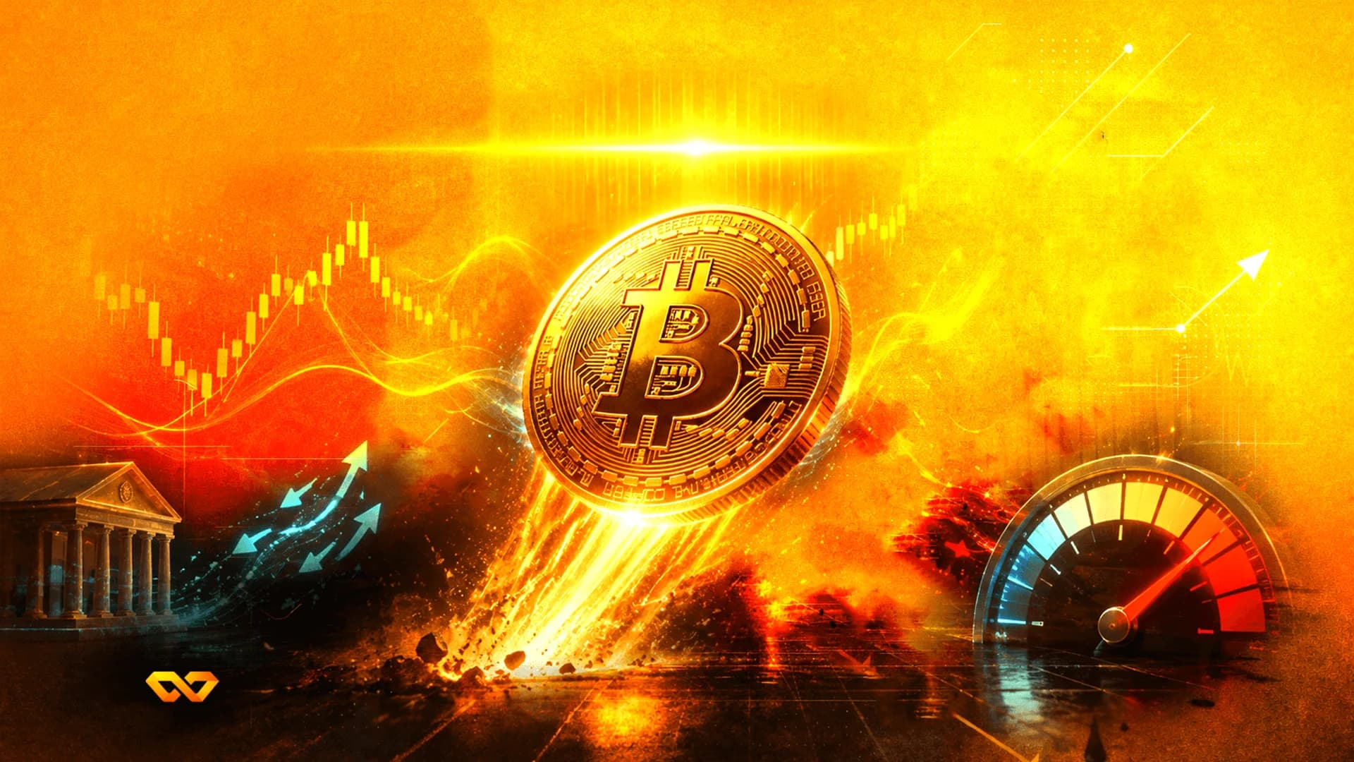 عملة بيتكوين ذهبية تطفو فوق أرض مشتعلة مع مقياس سرعة ومبنى بنك ورسوم بيانية للأسهم.