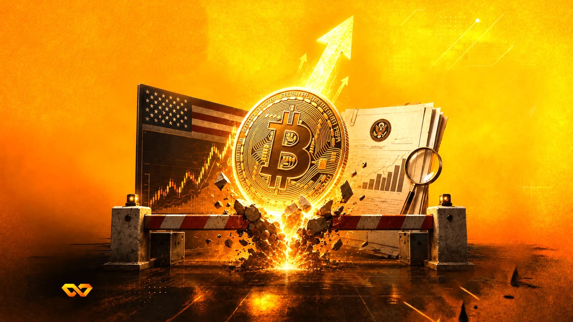 Golden Bitcoin coin breaking through a red and white barrier with a US flag and financial charts behind it.