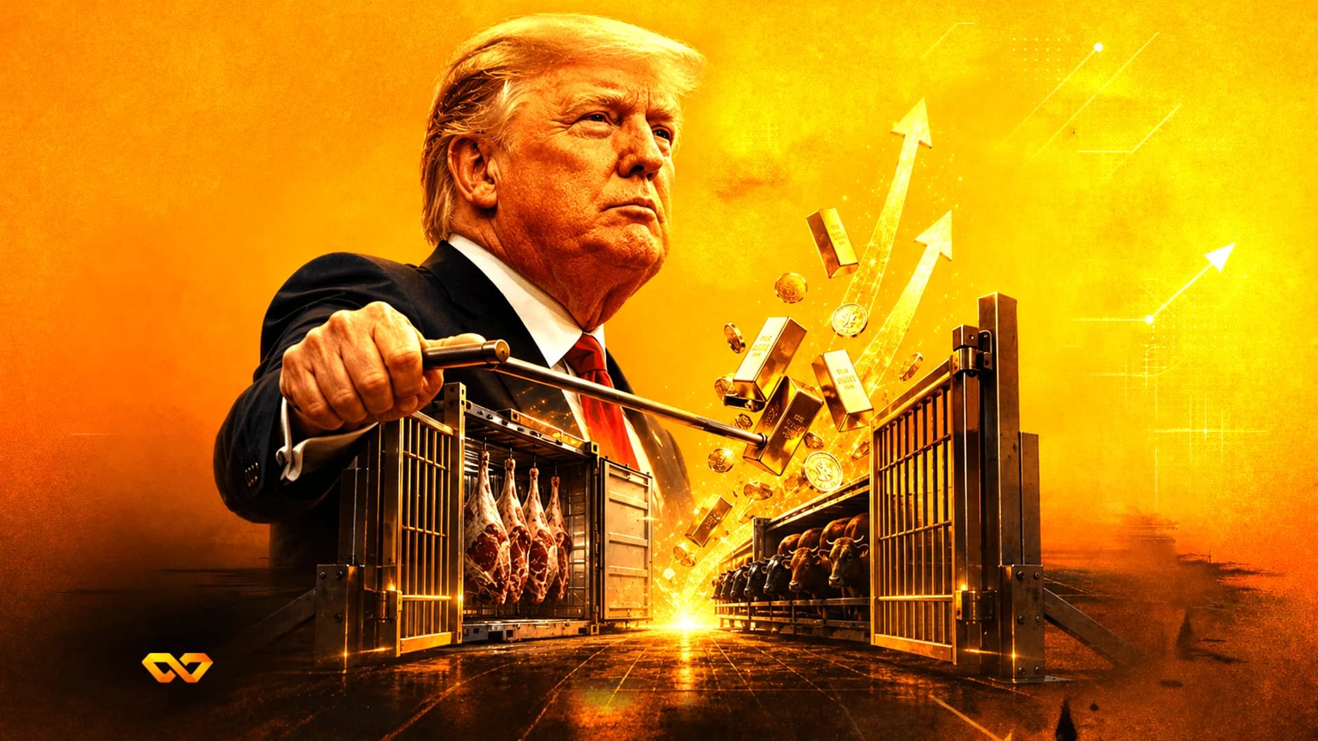 Donald Trump holds a lever opening gates to cattle, meat, and gold bars with upward arrows on an orange background.