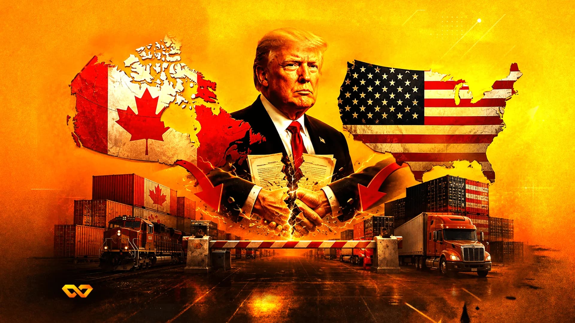 Donald Trump between maps of Canada and USA, tearing a document over a border crossing with freight.