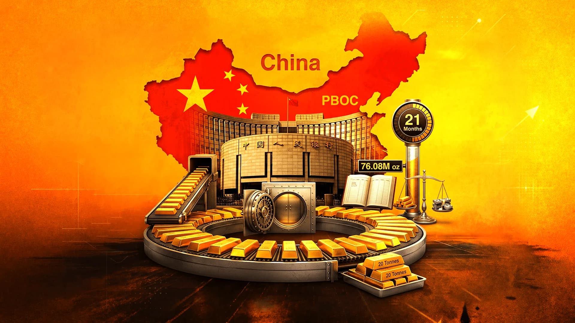 Illustration of gold bars on a conveyor belt in front of the PBOC building and a map of China.
