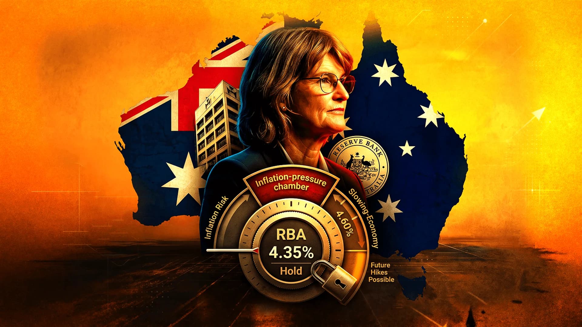 Portrait of a woman over an Australian flag map with an RBA interest rate gauge showing 4.35%.