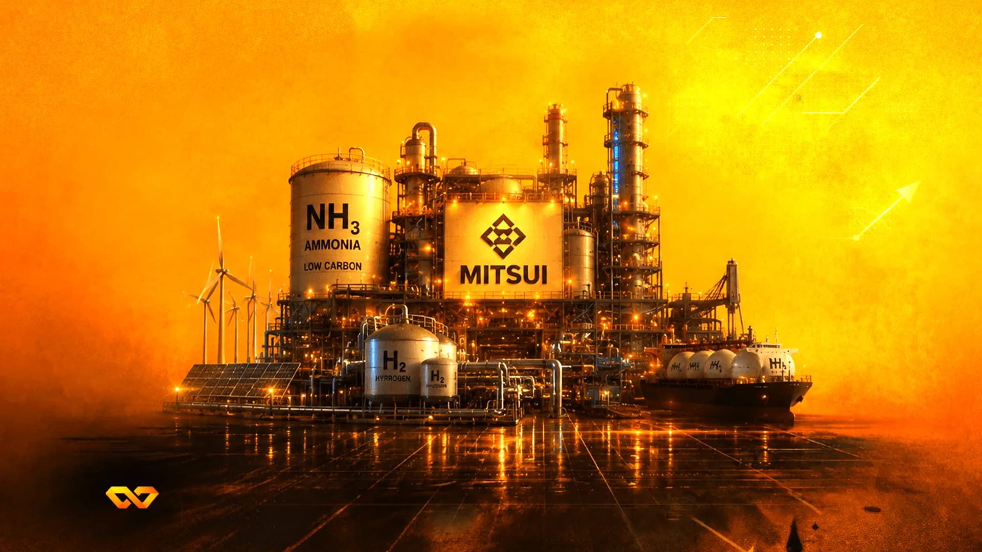 Orange-toned illustration of a Mitsui industrial facility featuring ammonia and hydrogen tanks and wind turbines.