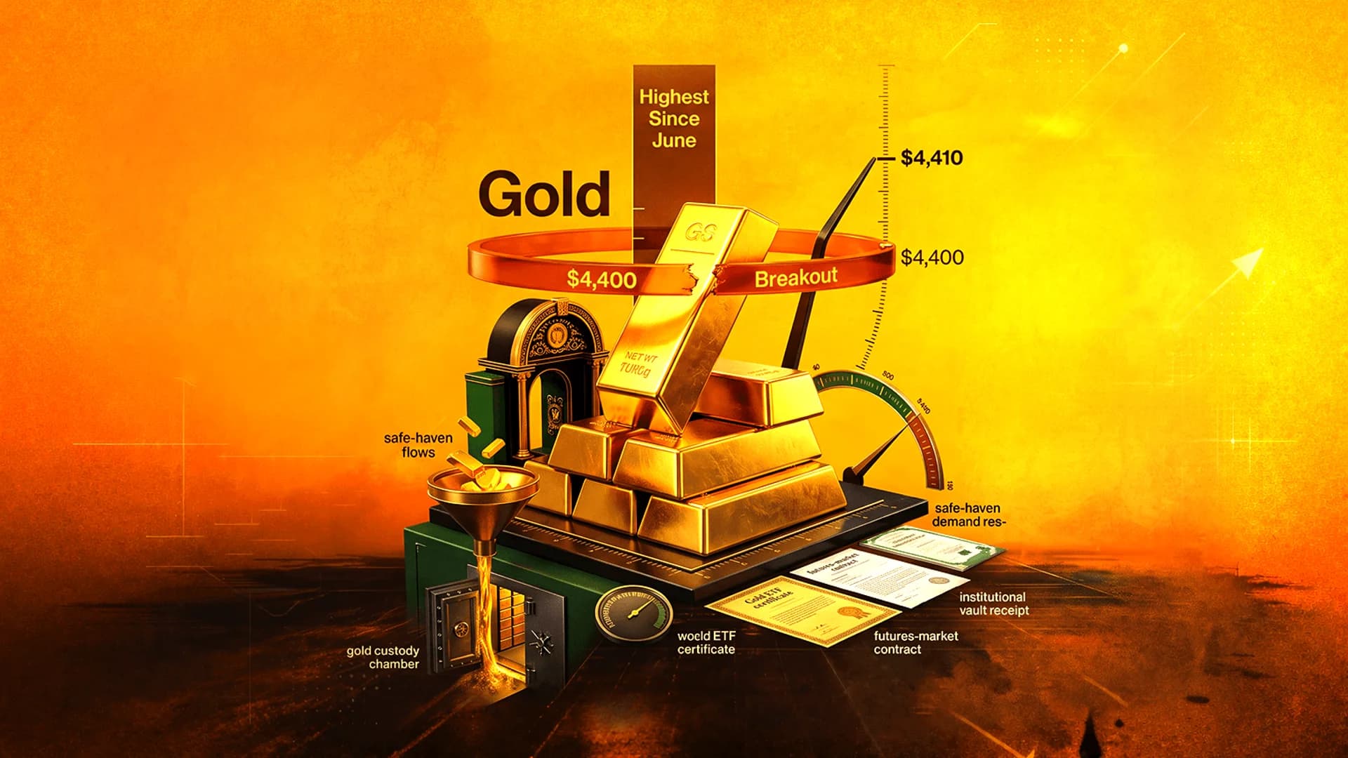 Stylized illustration of gold bars, a vault, and financial certificates against a textured orange background.