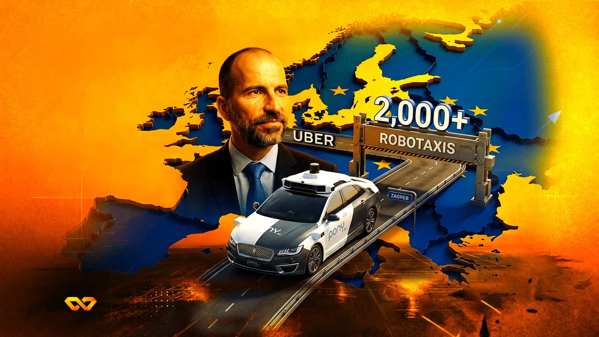 Portrait of a man over a map of Europe with a robotaxi on a road and signs for Uber and 2,000+ robotaxis.