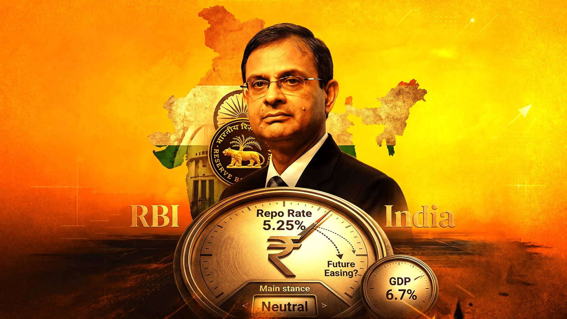 Portrait of a man in a suit over a map of India and the RBI logo, with gauges showing repo rate and GDP data.