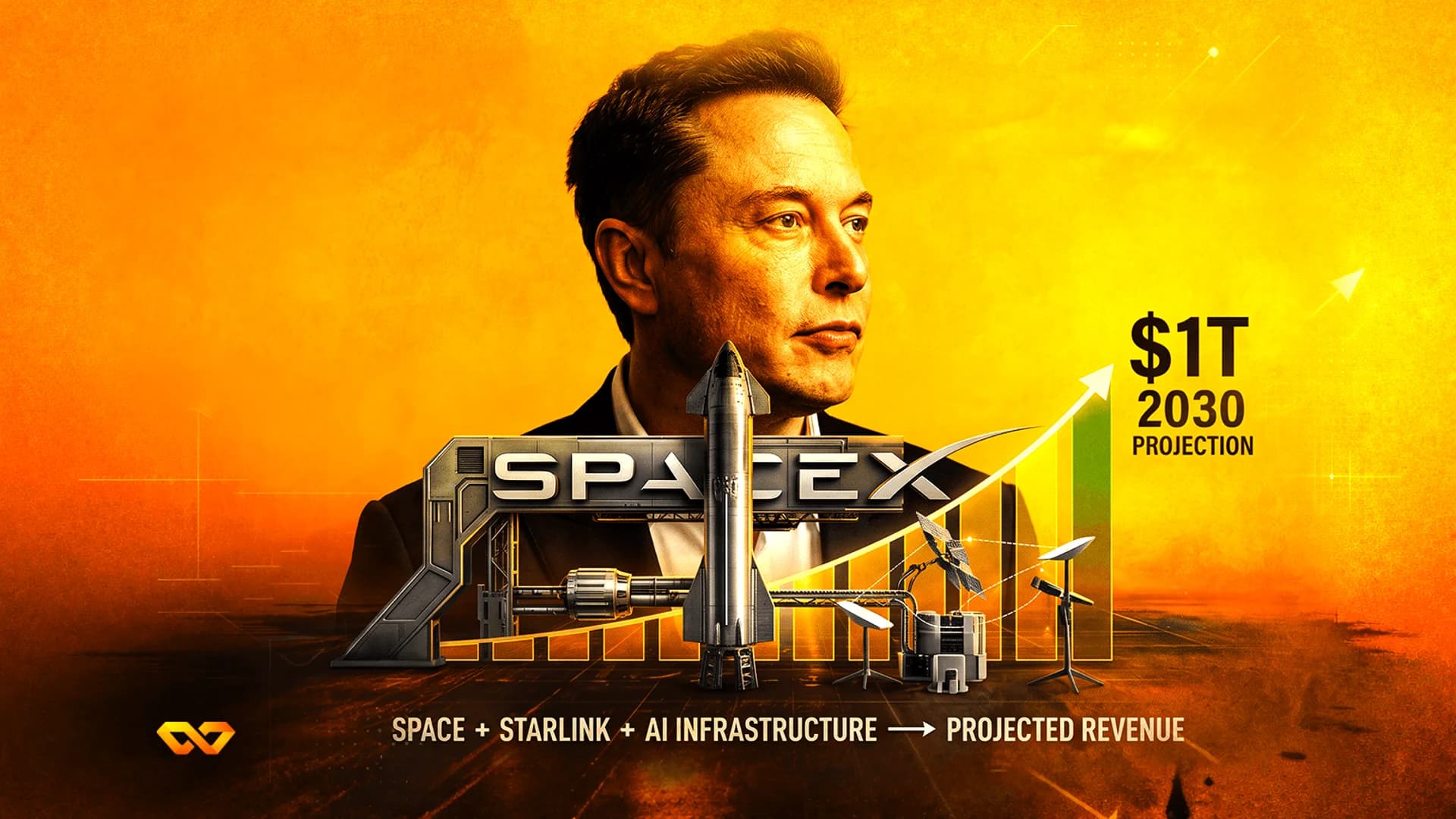 Elon Musk portrait with SpaceX logo, Starship rocket, and a rising bar chart on an orange background.
