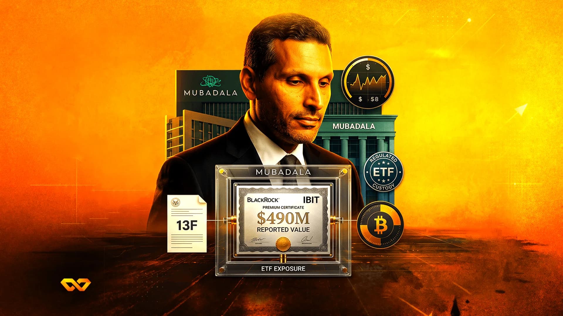 كولاج يضم رجلاً، مباني شركة مبادلة، شهادة بلاك روك IBIT بقيمة 490 مليون دولار، وشعار بيتكوين على خلفية برتقالية.
