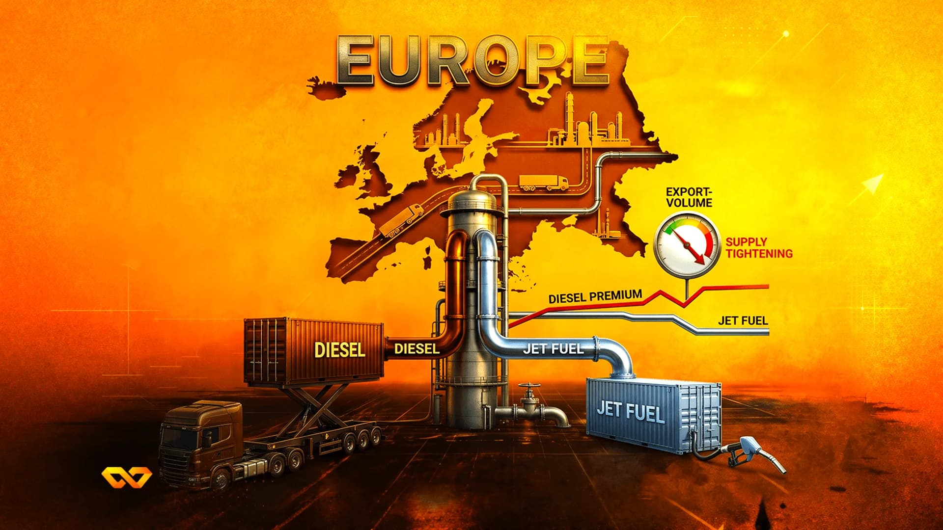 Illustration of a fuel refinery with pipes labeled diesel and jet fuel against a map of Europe and a supply gauge.
