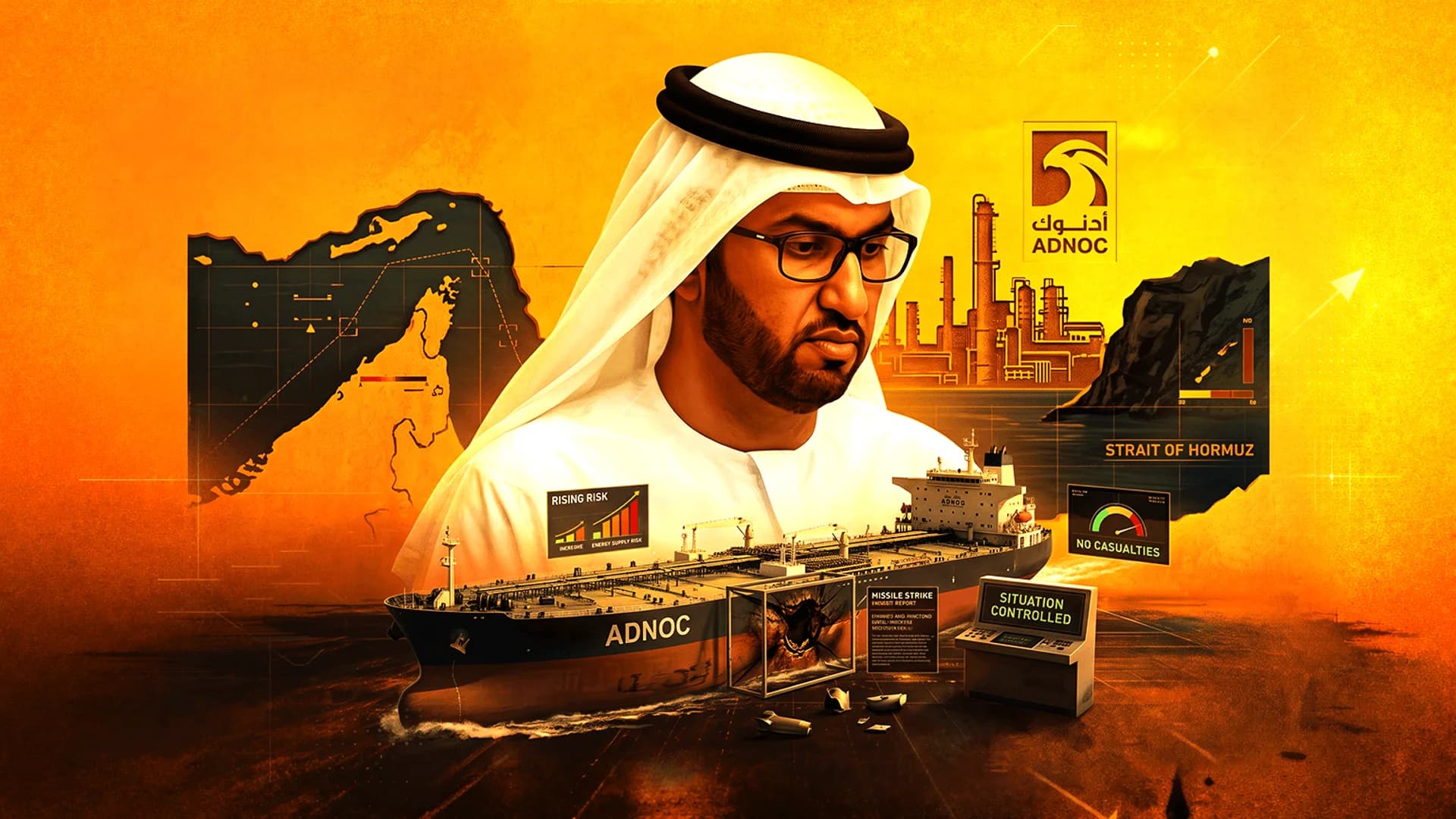 رسم رقمي لرجل بالزي الإماراتي مع ناقلة نفط أدنوك وخريطة ورسوم بيانية لتقييم المخاطر.