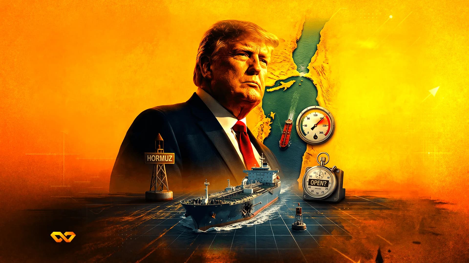 Collage of Donald Trump, oil tankers, a map of the Strait of Hormuz, a pressure gauge, and a stopwatch.