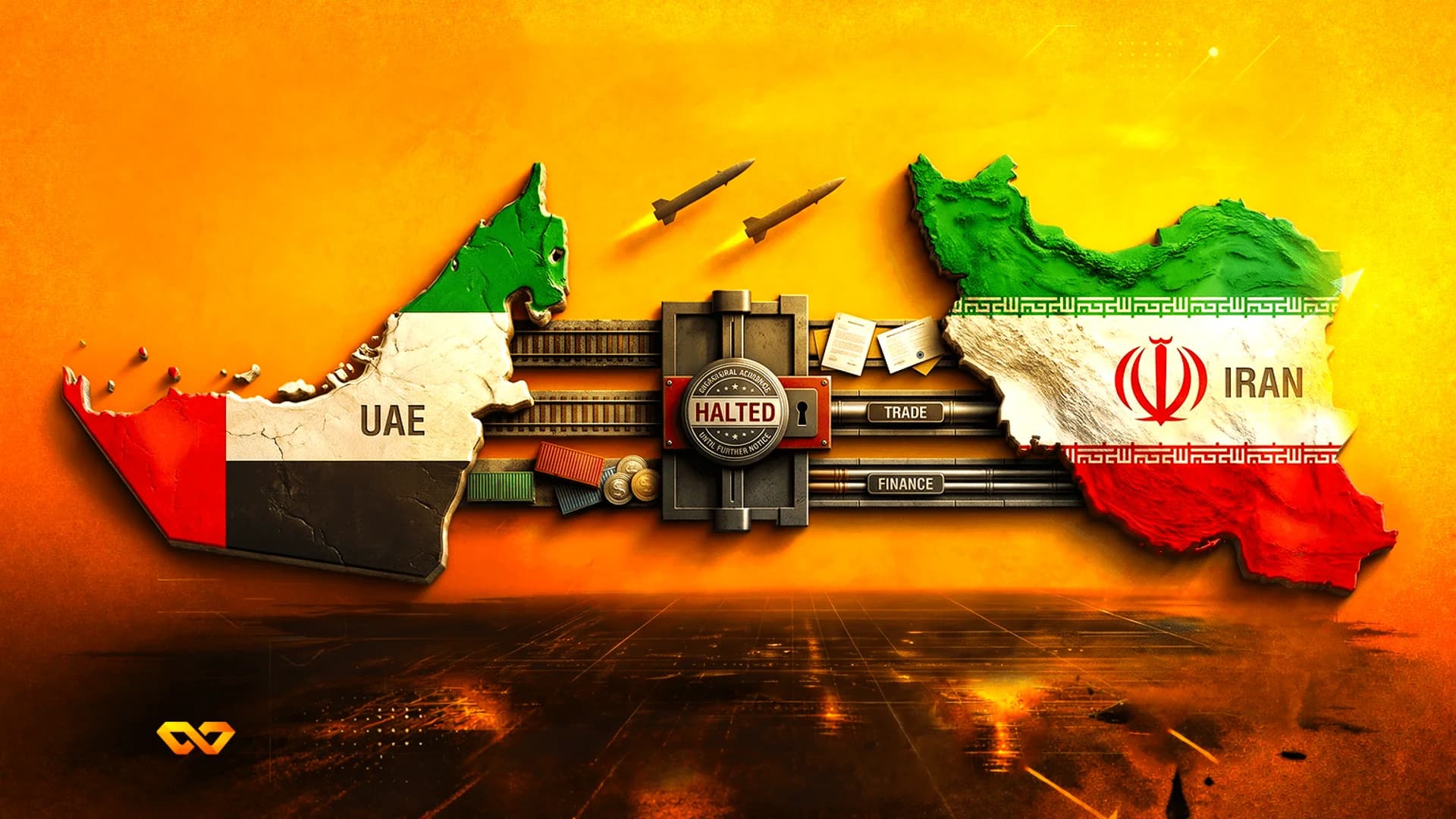Map cutouts of UAE and Iran with flags, connected by pipes labeled trade and finance blocked by a halted sign.