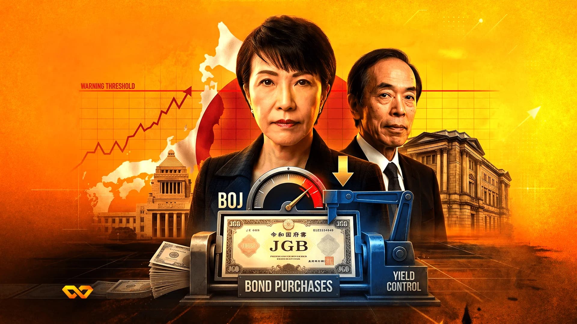 Portraits of two Japanese officials with a bond purchase machine, a map of Japan, and a rising line graph.