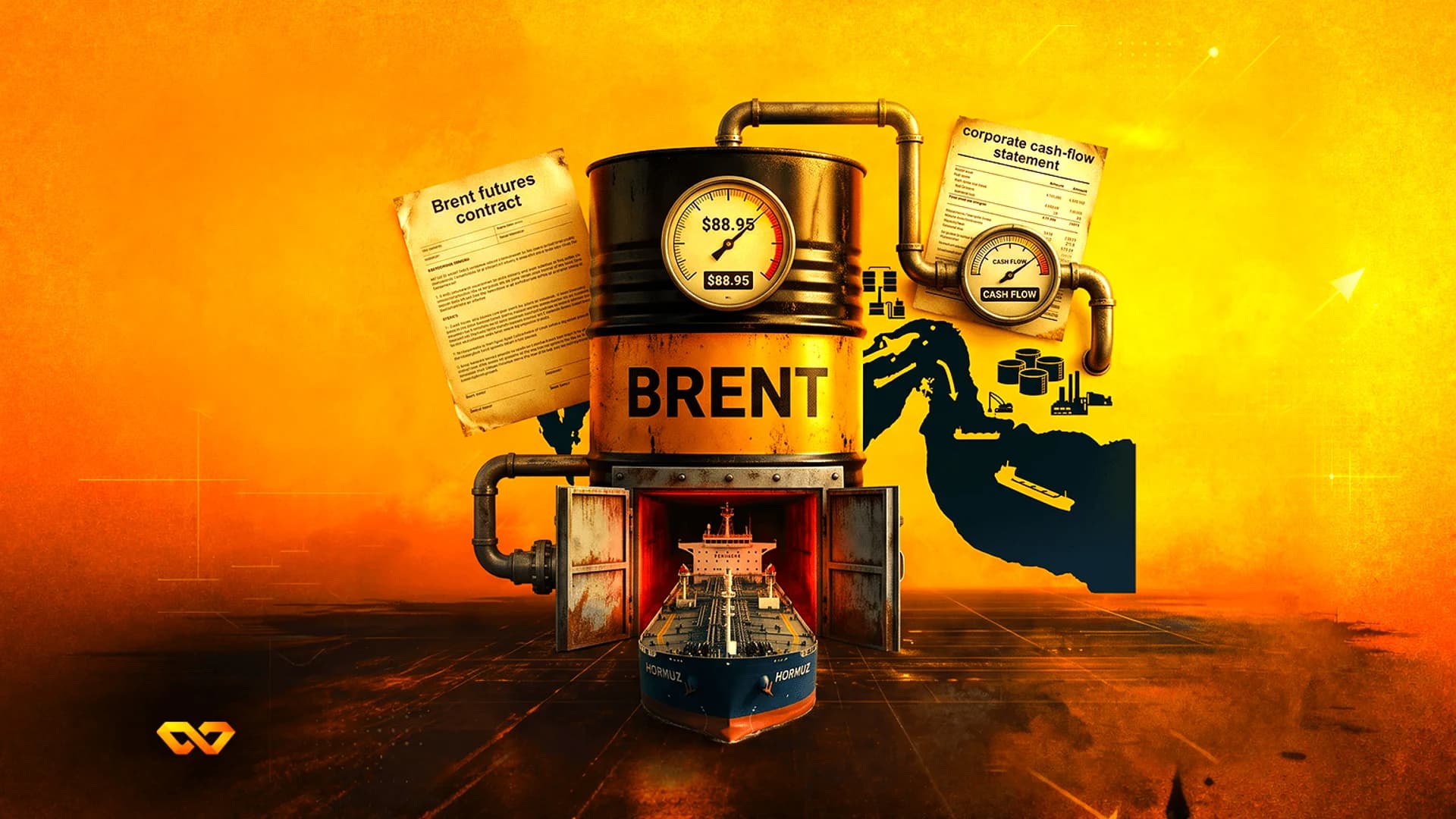 Oil barrel labeled BRENT with a pressure gauge, a tanker ship, and financial documents on an orange background.