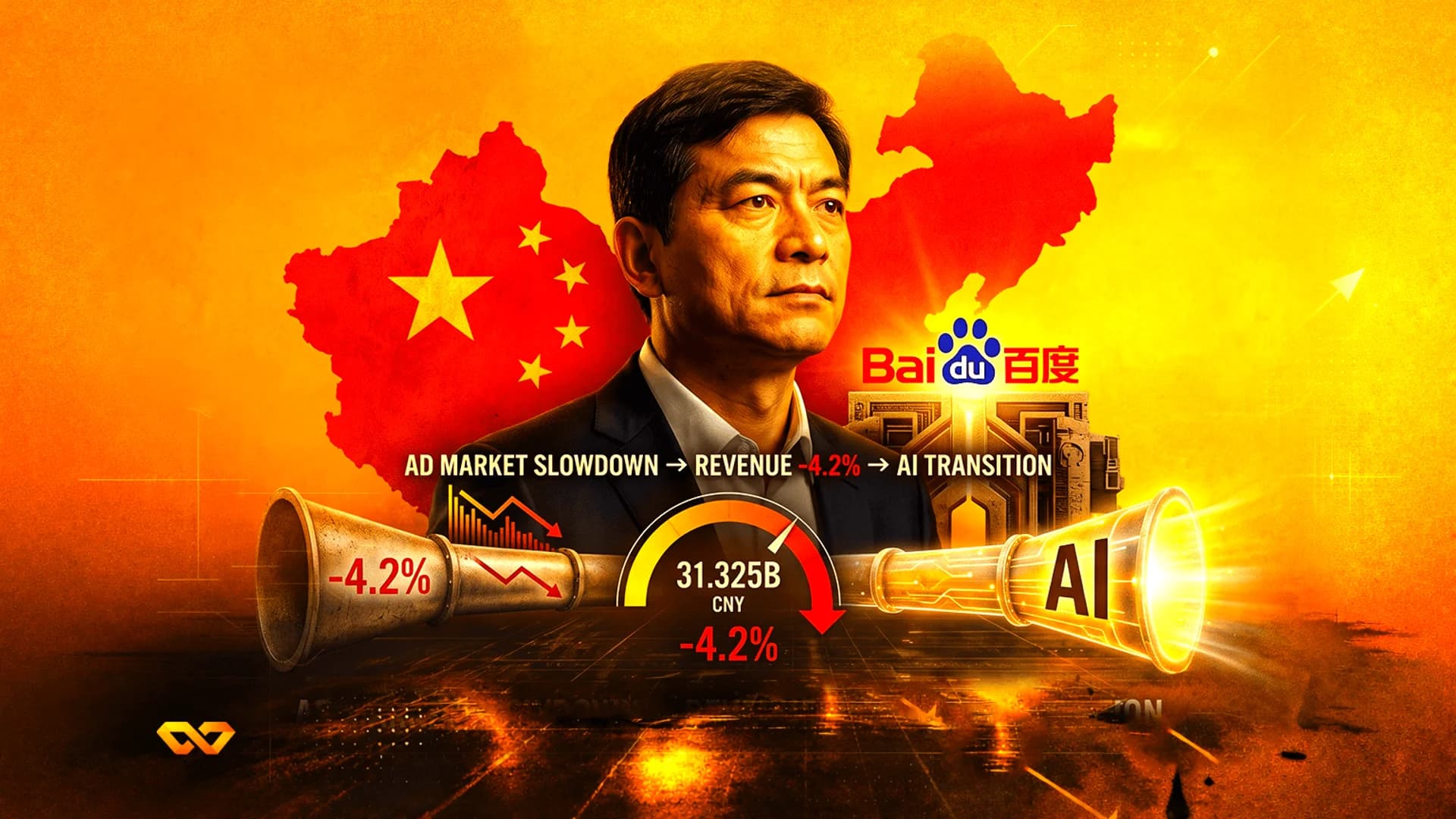 Portrait of a man over a Chinese flag and Baidu logo with financial charts and text about revenue and AI transition.