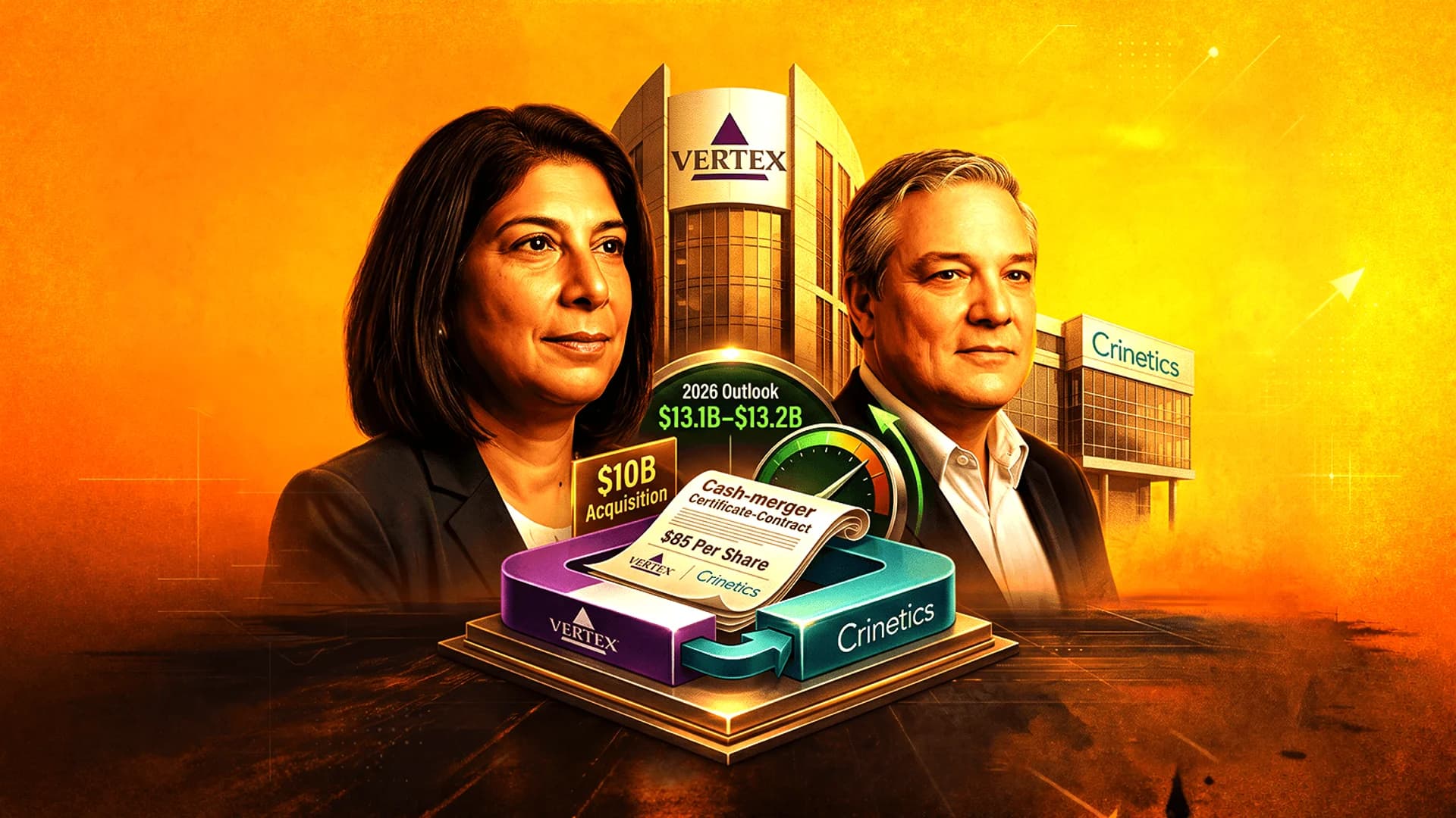 Portraits of a woman and man with Vertex and Crinetics logos, a merger contract, and a $10B acquisition label.