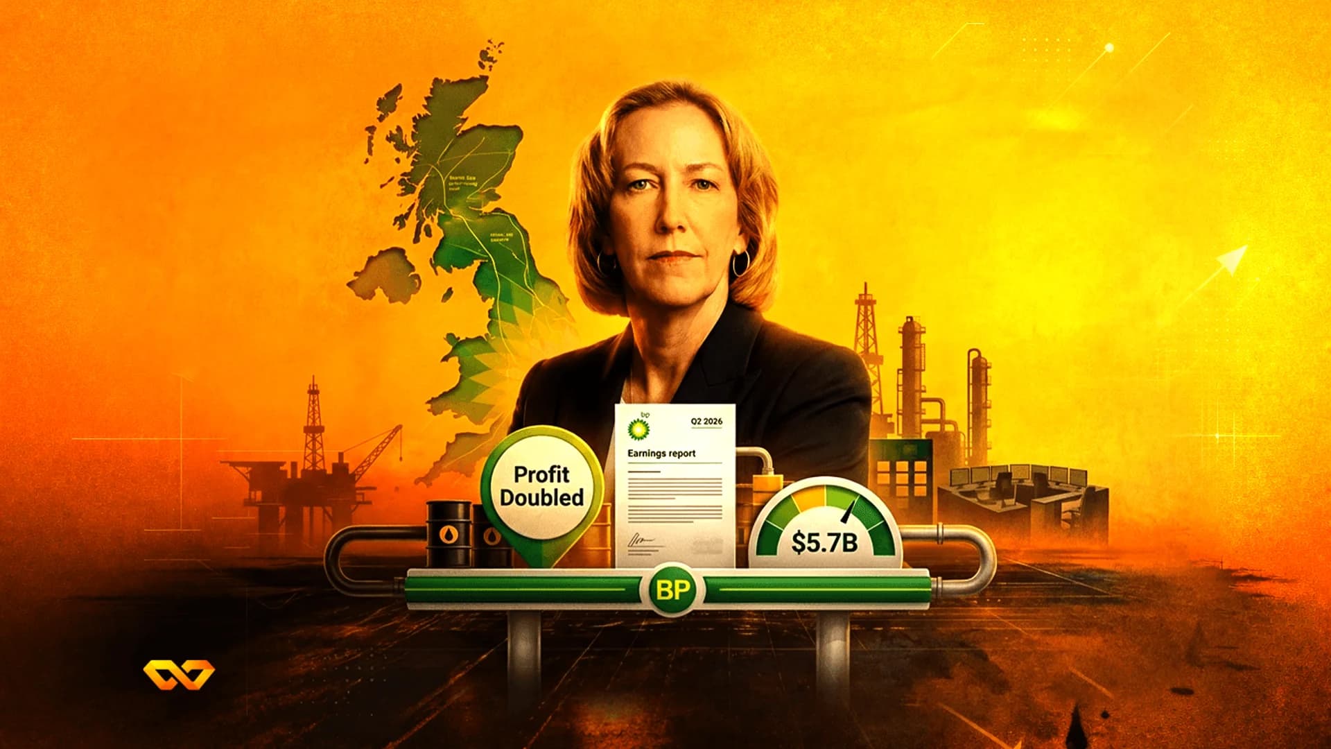 Portrait of a woman with oil rigs, a UK map, and a BP earnings report dashboard on an orange background.